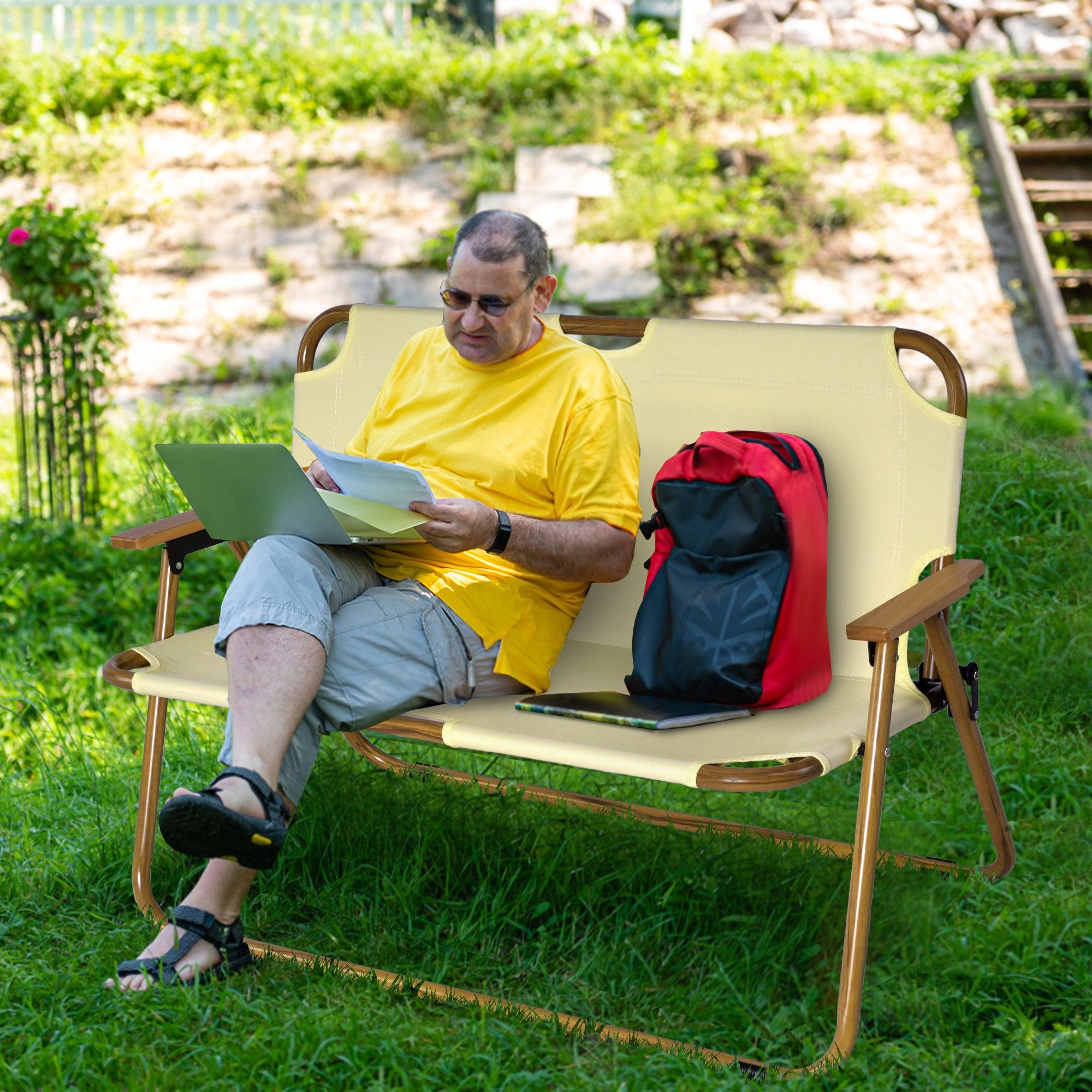 Double Portable Folding Loveseat Camping Chair Aluminum Beach Chair with Armrest - Bosonshop