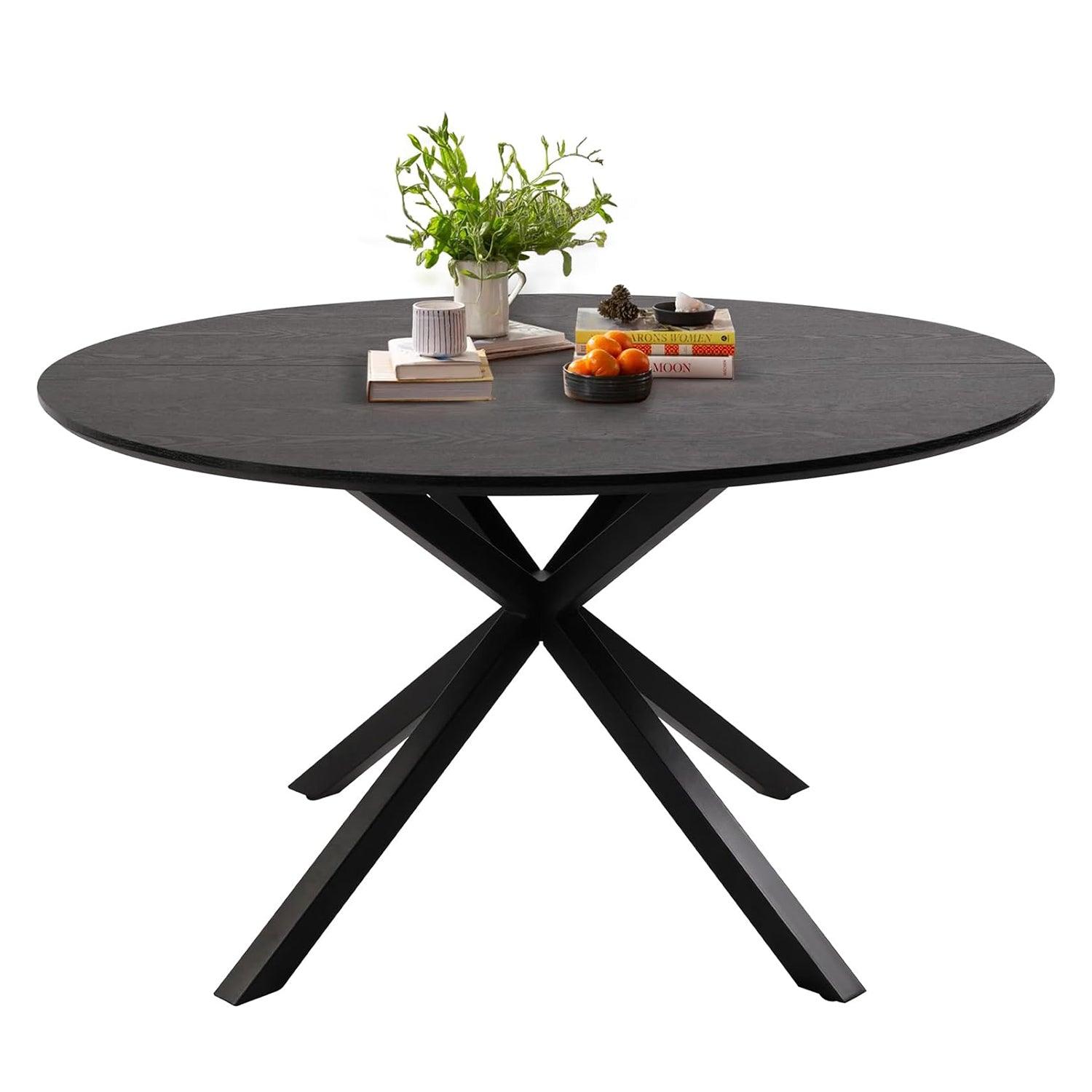 53" Mid-Century Modern Round Dining Room Table for 4-6 Person W/Solid Metal Legs, Black Wood Grain