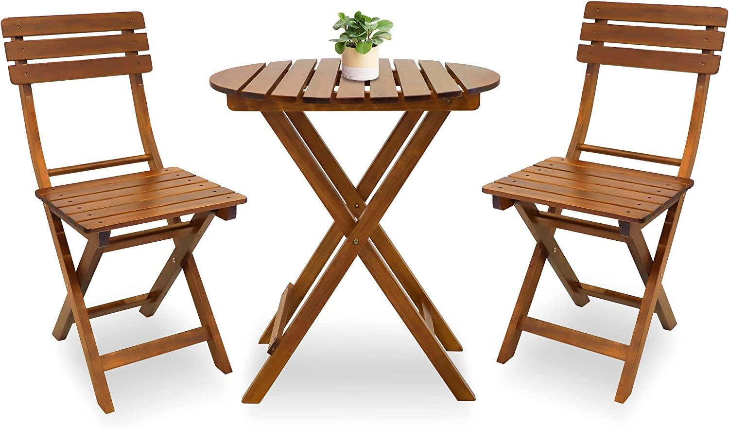 3-Piece Outdoor Wood Round Bistro Set, Patio Folding Furniture Set