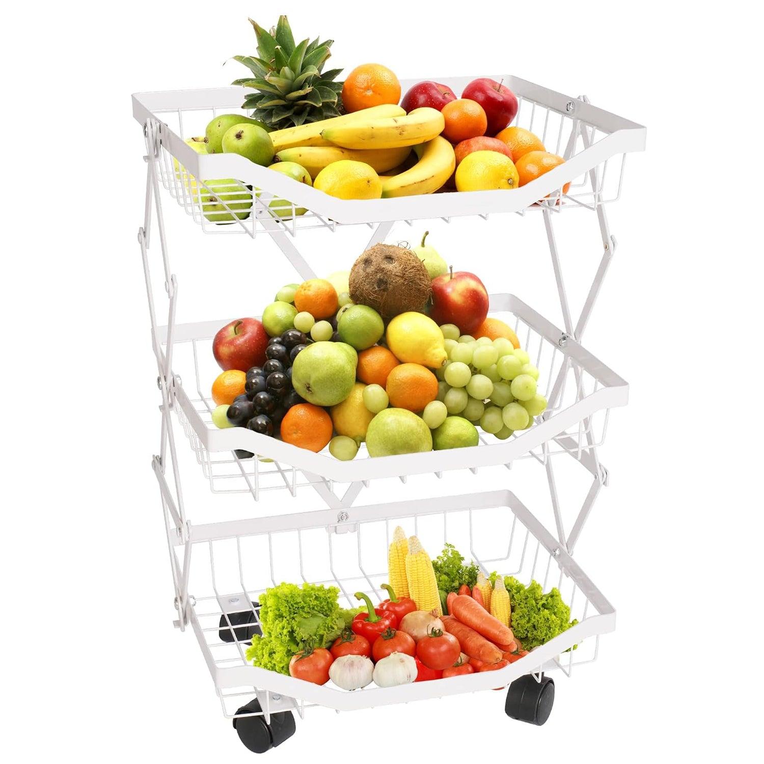 3 Tier Foldable Fruit Basket Kitchen Storage Rolling Cart, Living Room Baskets