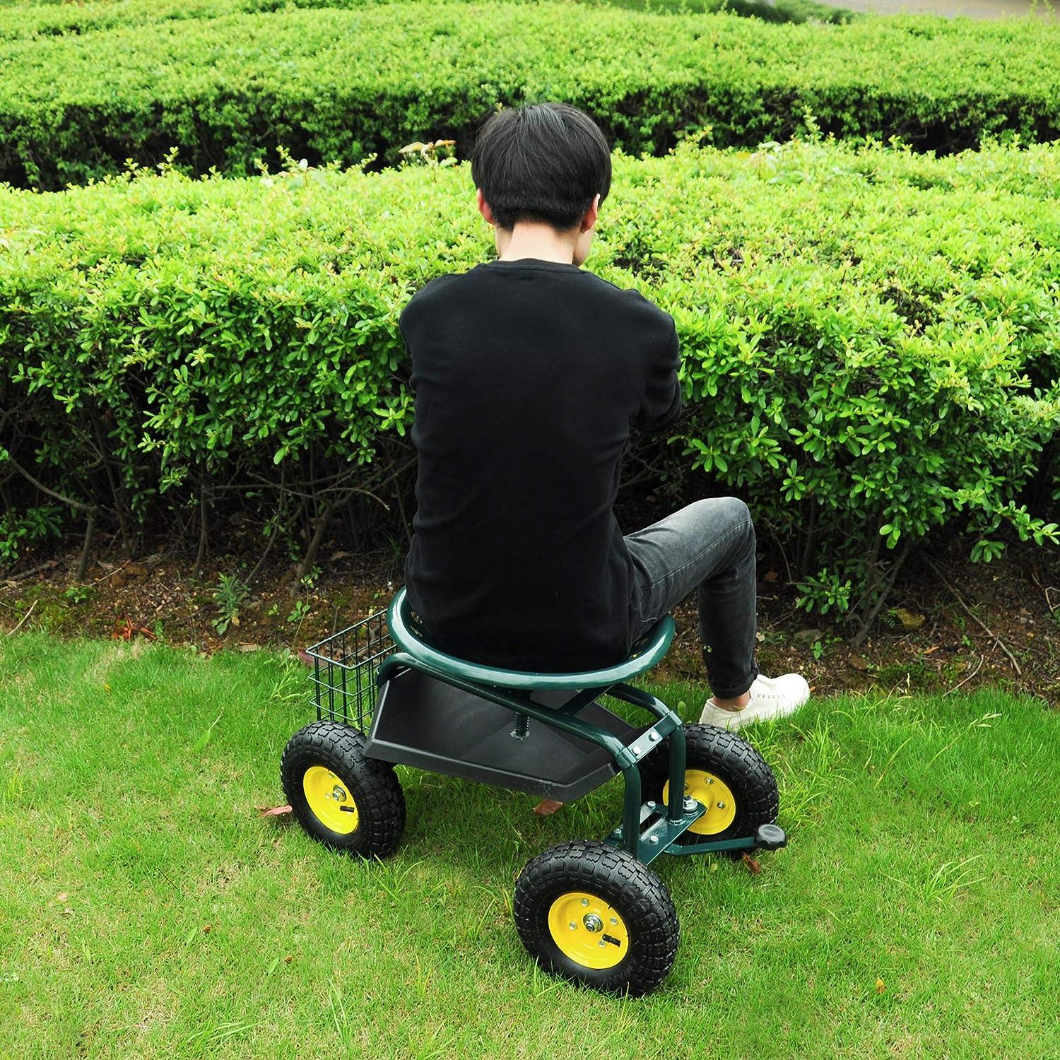 Garden Cart Wagon Scooter Rolling Yard Work Seat  with Tool Tray and 360 Swivel Seat