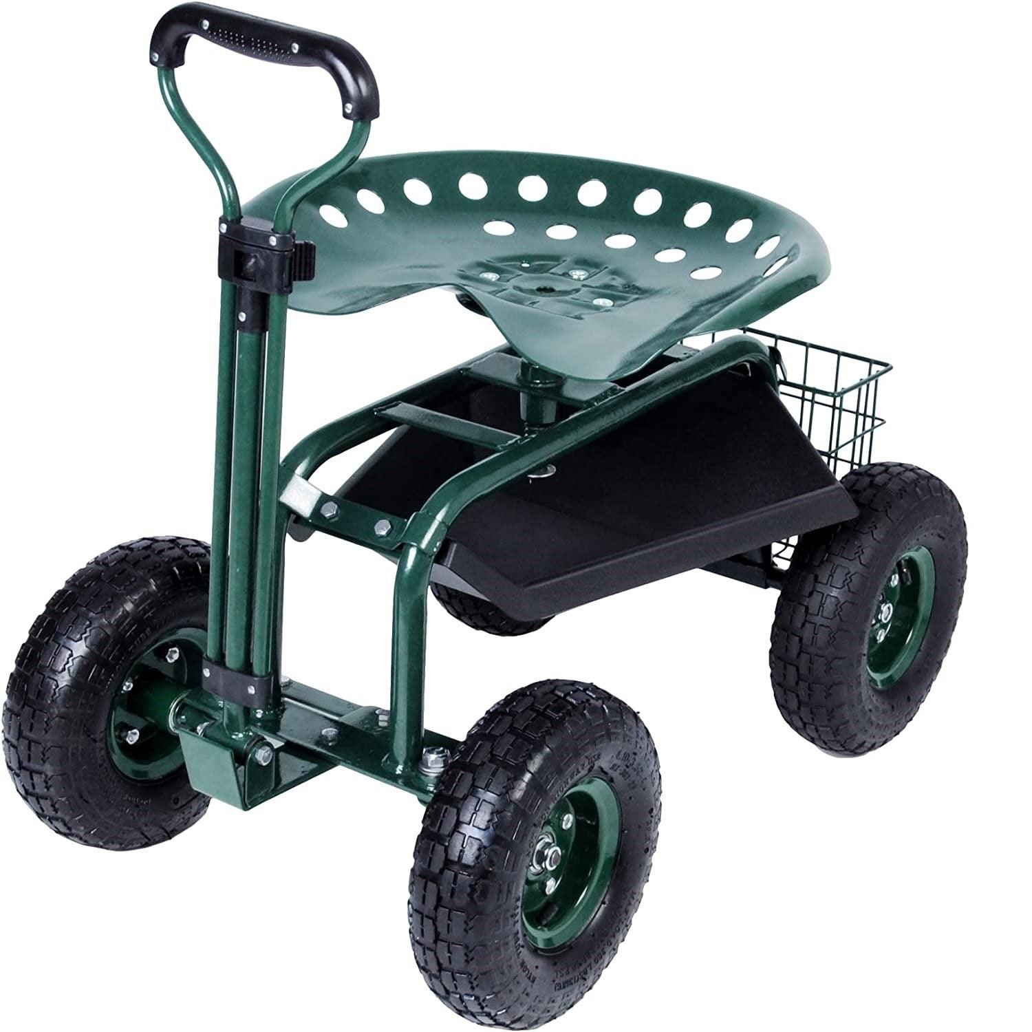 Rolling Garden Cart Wagon Scooter Lawn Yard Patio Work Seat with Tool Tray & 360 Swivel Work Seat