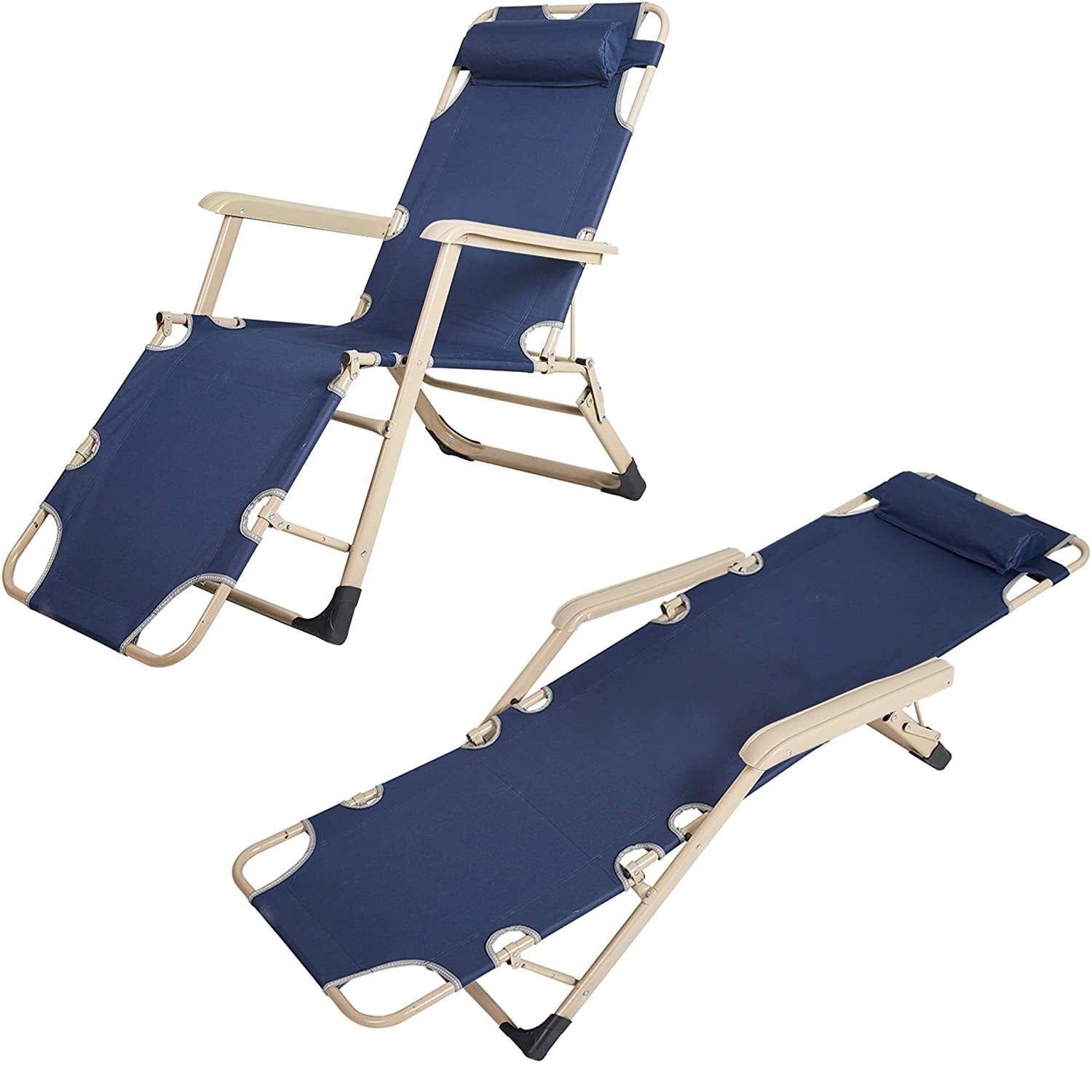 Set of 2 Outdoor Reclining Lawn Chairs Adjustable Folding Patio Recliners with Pillow, Dark Blue