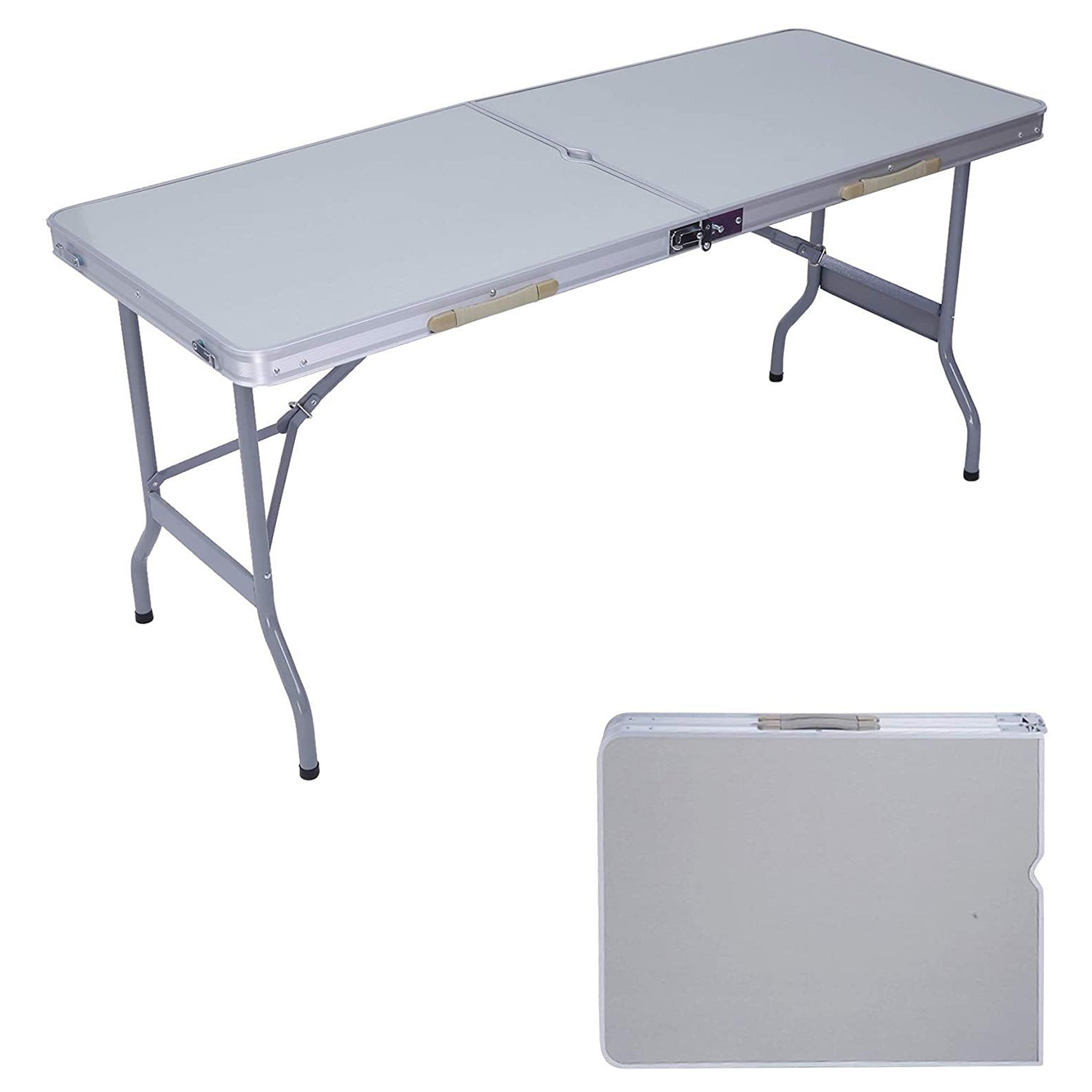 Portable Folding Aluminum Suitcase Table, Compact Camping Picnic Table with Umbrella Hole and Carrying Handle, Silver - Bosonshop