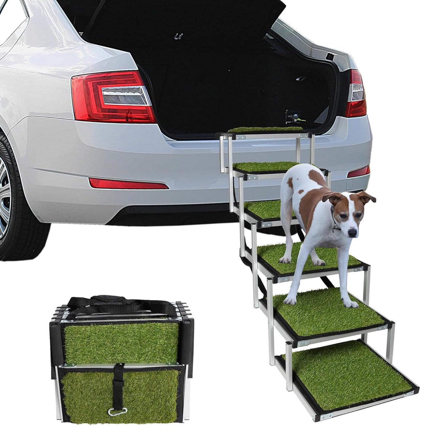 Foldable Aluminum Alloy 6 Steps Dog Stairs with Artificial Turf Non-Slip Surface for Large Dogs, Supports up to 150Lbs