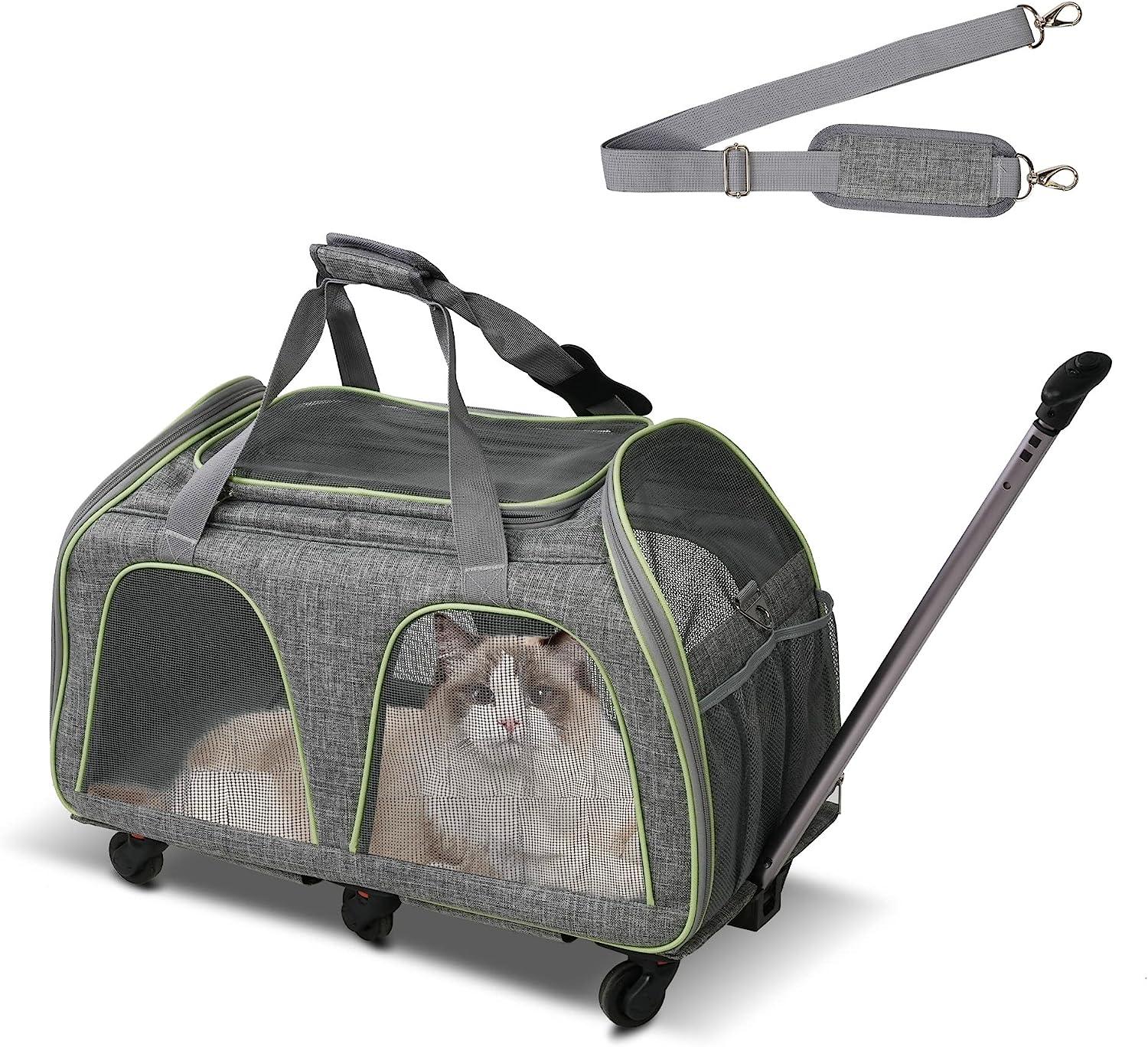 Pet Carrier for Cats Dogs Up to 33lbs with Detachable Wheels & Safe Locking Zippers, Airline Approved