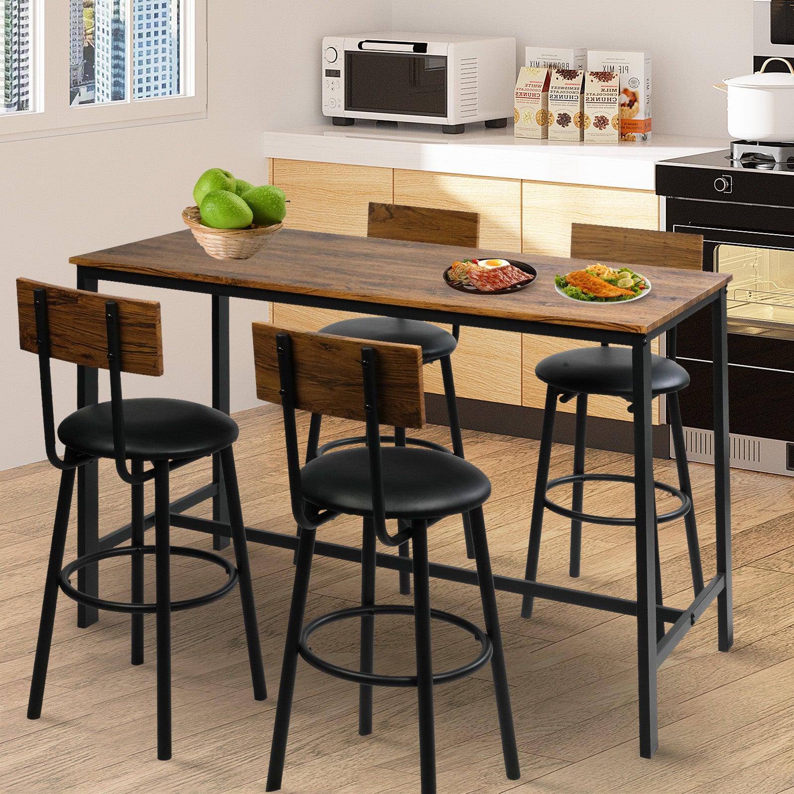 5 Piece Dining Bar Table Set with 4 Upholstered Bar Stools, Mid Century Pub Stool Dining Table for 4, Rustic Brown - Bosonshop