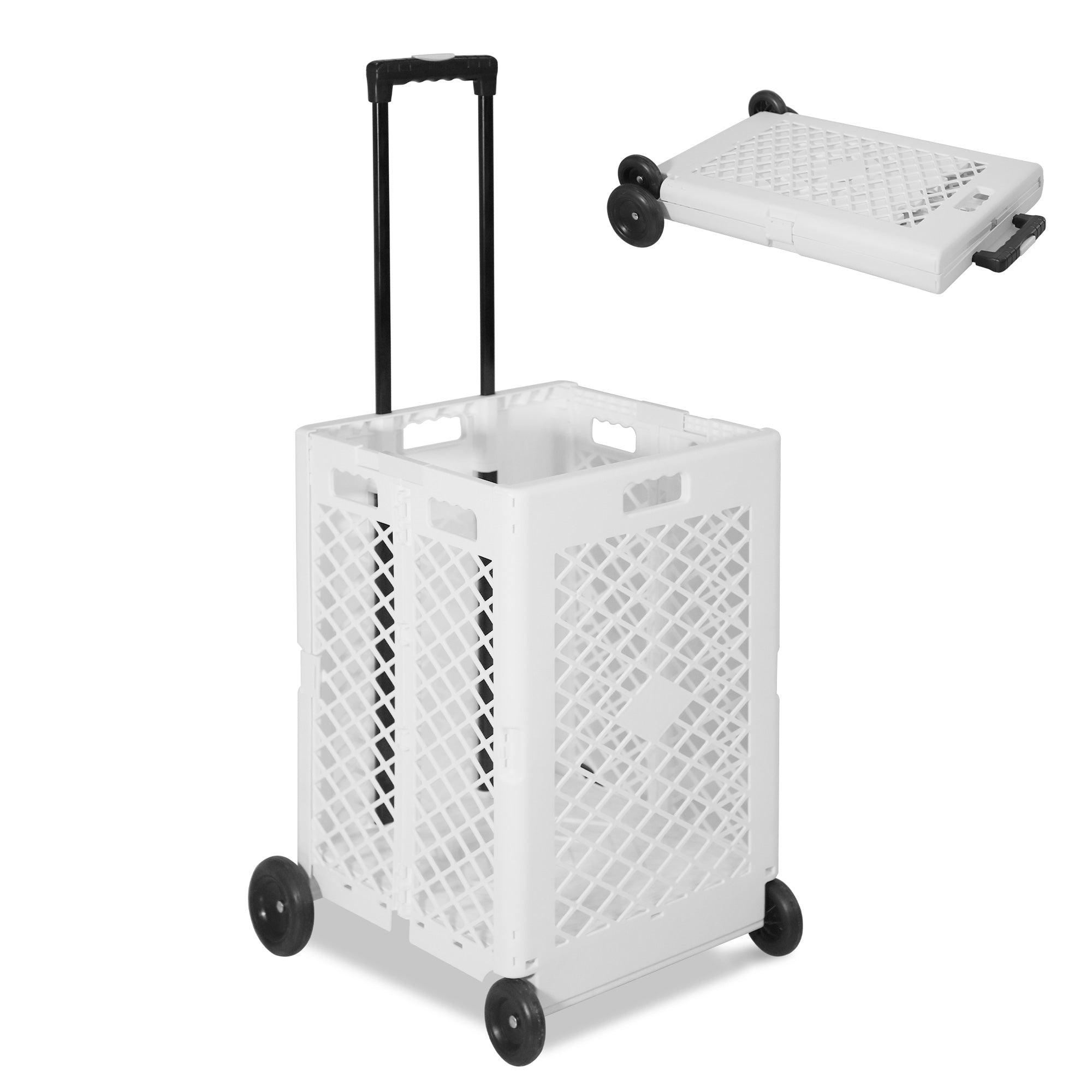 Foldable Rolling Cart Crate Collapsible Basket with Wheels & Telescopic Handle, 66 lbs Capacity, White