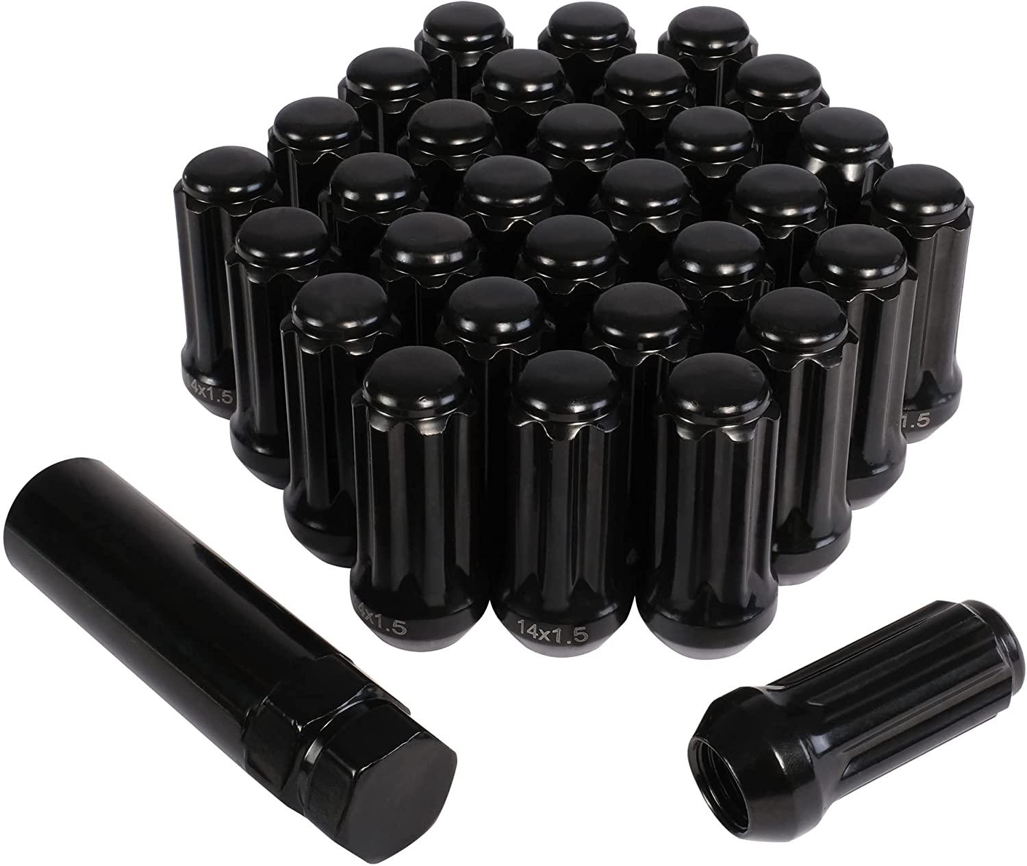 32 Black M14x1.5 Lug Nuts with 1 Socket Key, 2" Long/7 Spline with Cone Seat, Fits 8 Lug Aftermarket Wheels - Bosonshop