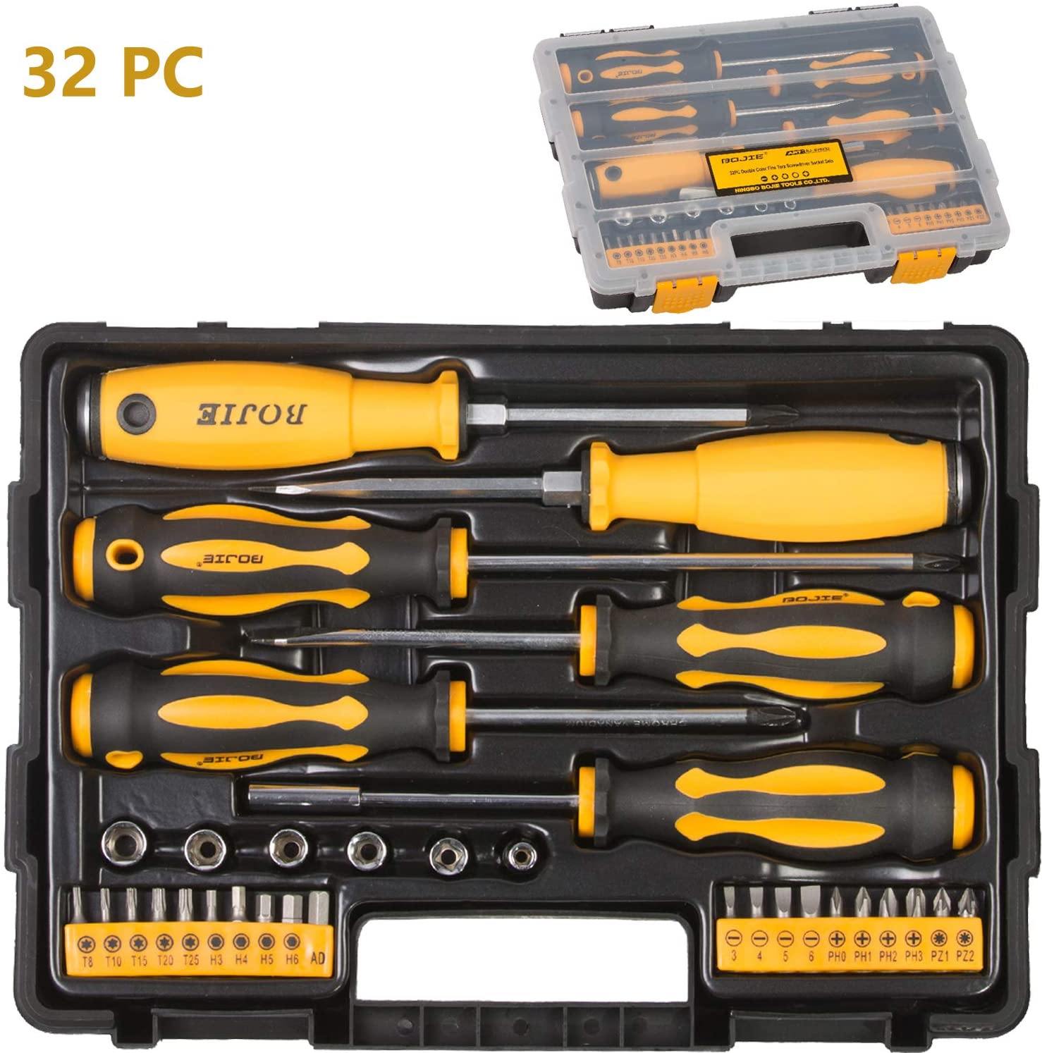 Screwdriver Set 32 PCS Professional Multi-Purpose Tool Screwdriver Bit Kit Socket with Portable Box Household Repair Tool Extension Kit Yellow - Bosonshop