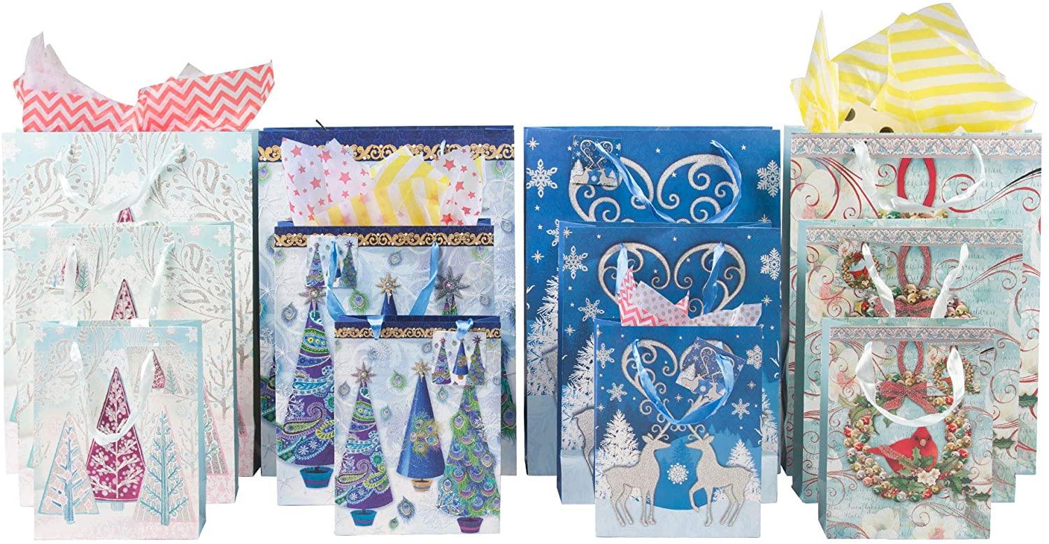 12 Pack Assorted Christmas Gift Bags with Small Medium Large Size, 4 Xmas Pattern Holiday Gift Bags with Tissue Paper, Blue with Glitter - Bosonshop