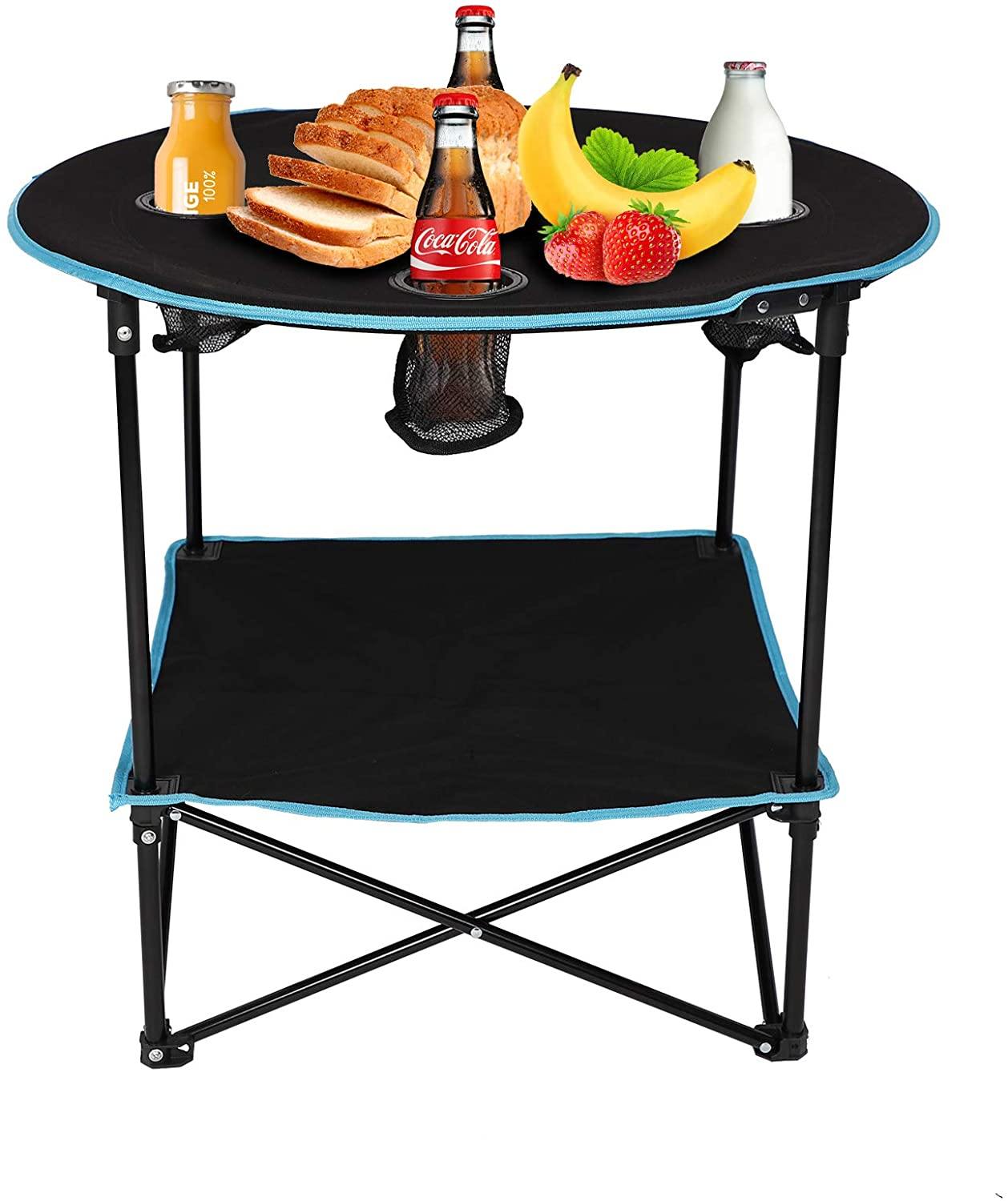 Folding Table, Travel Camping Picnic Collapsible Round Table with 4 Cup Holders and Carry Bag (Black & Blue) - Bosonshop