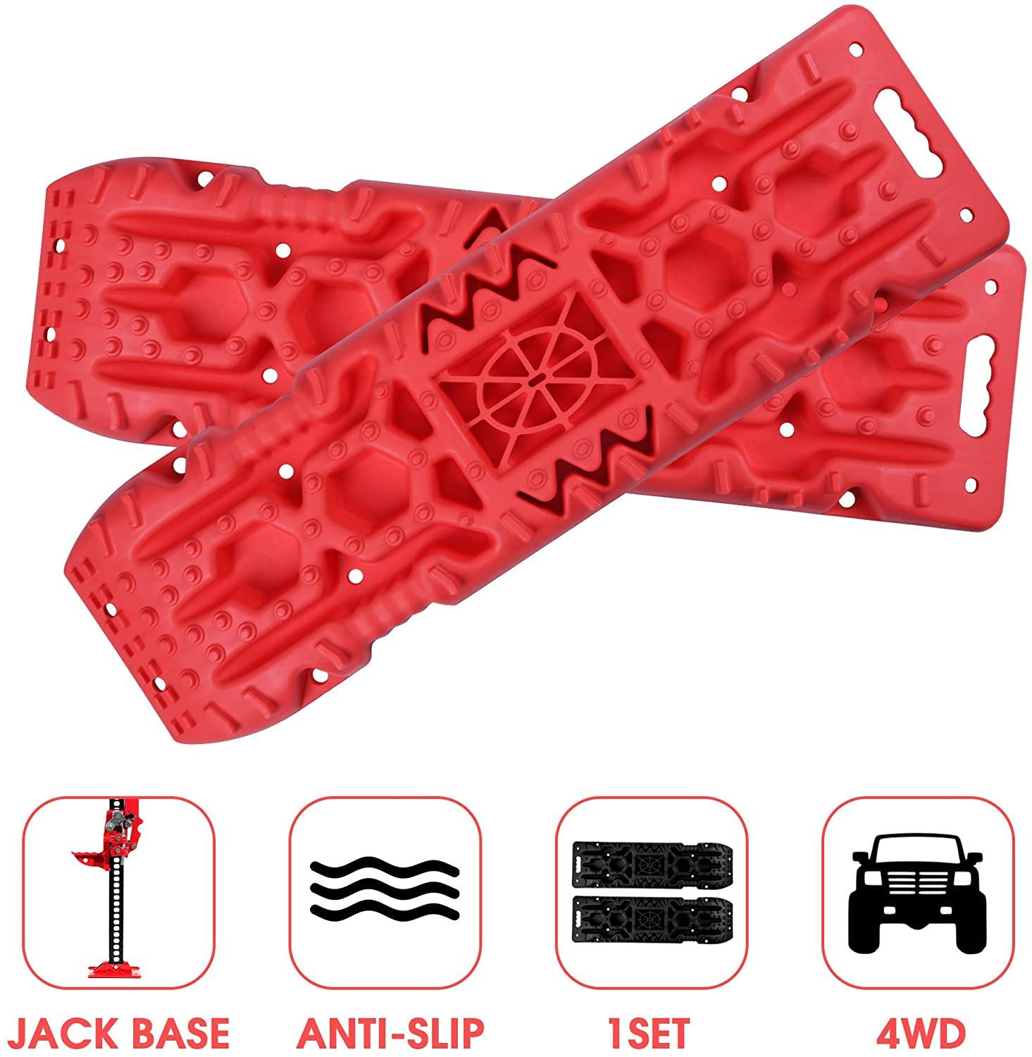 2 Pack Traction Boards with Jack Lift Base,Recovery Track Traction Mat for 4WD SUV, Jeep Tire Traction Tool Suitable for Mud, Sand, Snow, Ice Red - Bosonshop