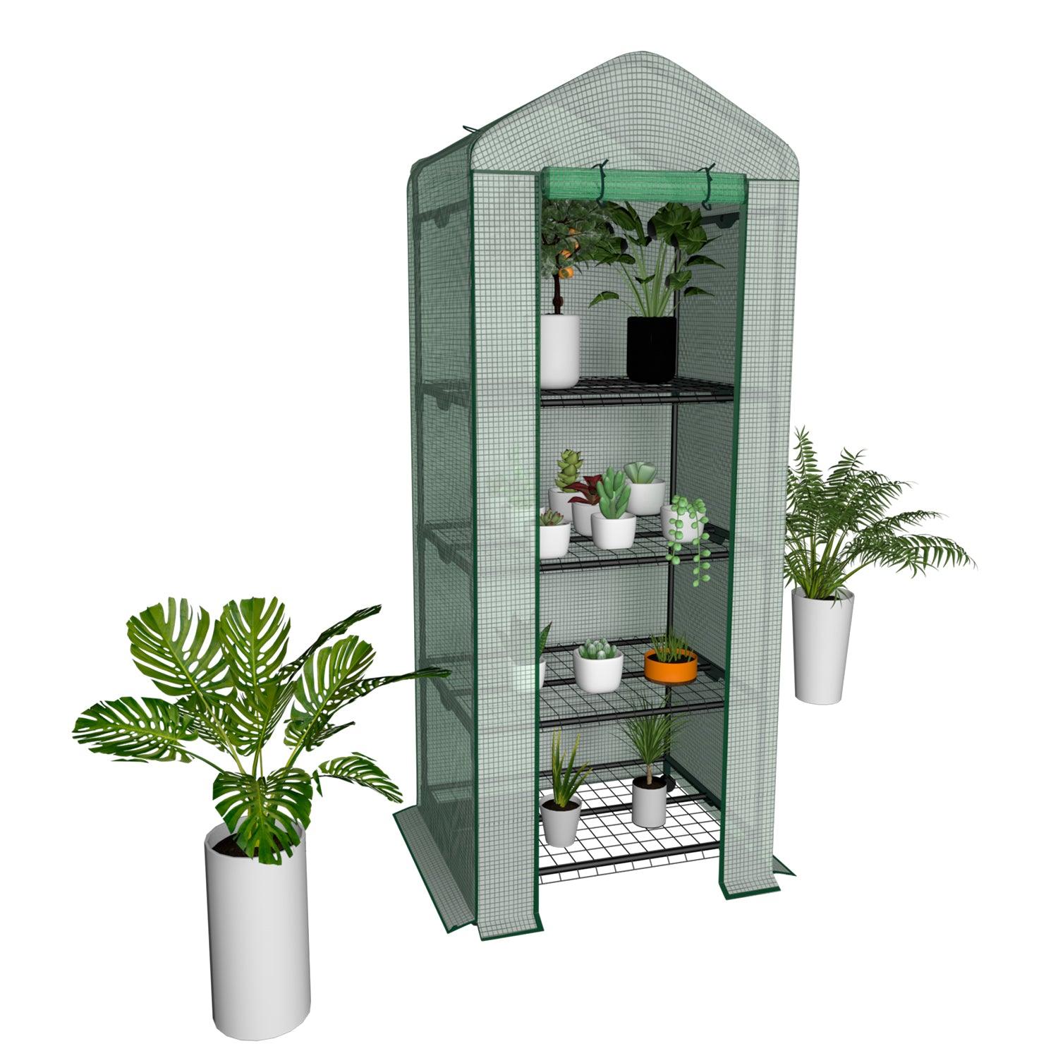 4-Tier Mini Greenhouse on Casters, Outdoor and Indoor Gardening Plant Greenhouse, Sturdy Gardening Shelves with PVC Cover and Rolling Zipper Door, Green, 27''Lx19.3''Wx62.2''H