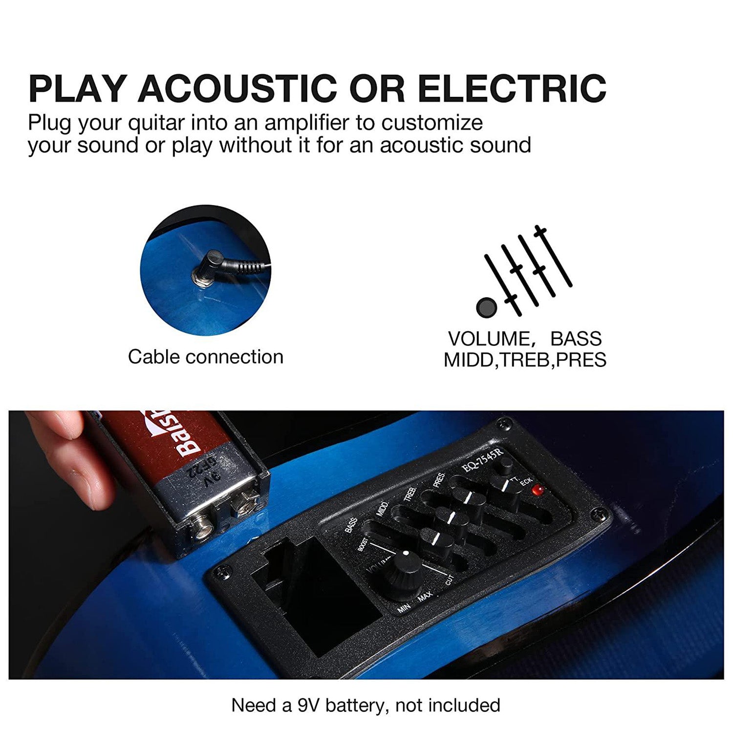 38 In Acoustic-Electric Cutaway Guitar Beginner Kit All Wood Classical Guitar for Teens Kids Adults with 4-Band EQ Case, Strap, Picks, Tune - Bosonshop