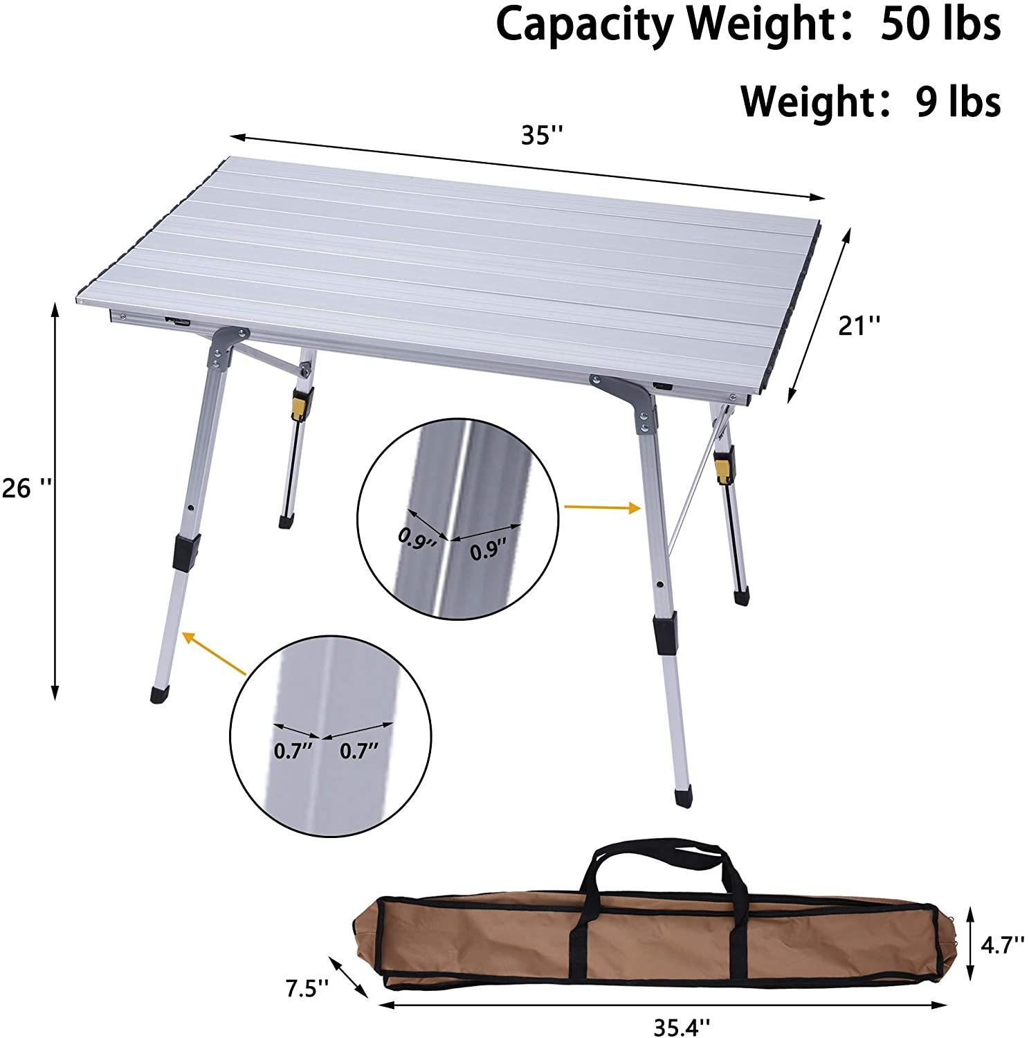 Portable Folding Aluminum Camping Picnic Table, Adjustable Height Compact Outdoor Table with Carry Bag, Silver - Bosonshop