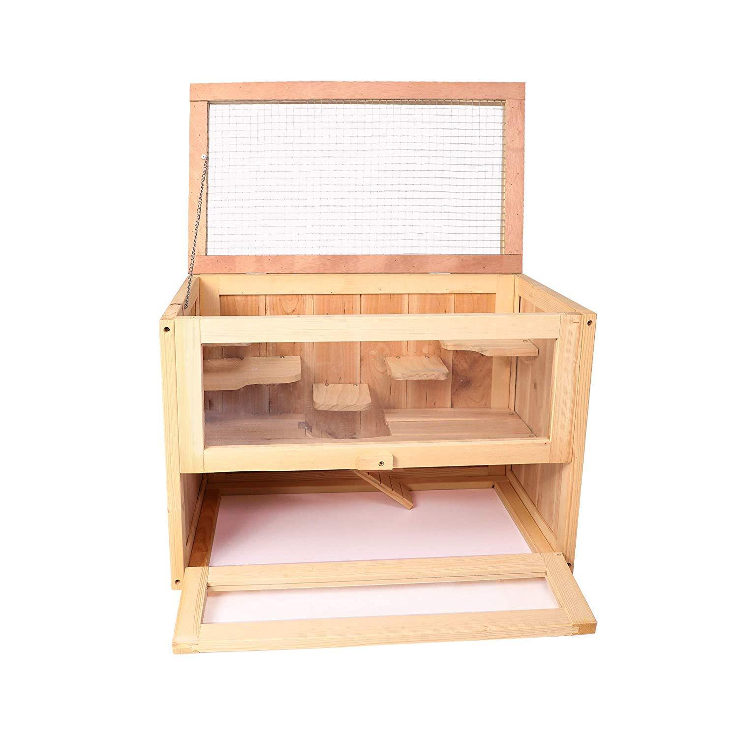 Hamster Cage Deluxe Two Layers Wooden Hut Small Animal Play House with Shelf and Ladder - Bosonshop