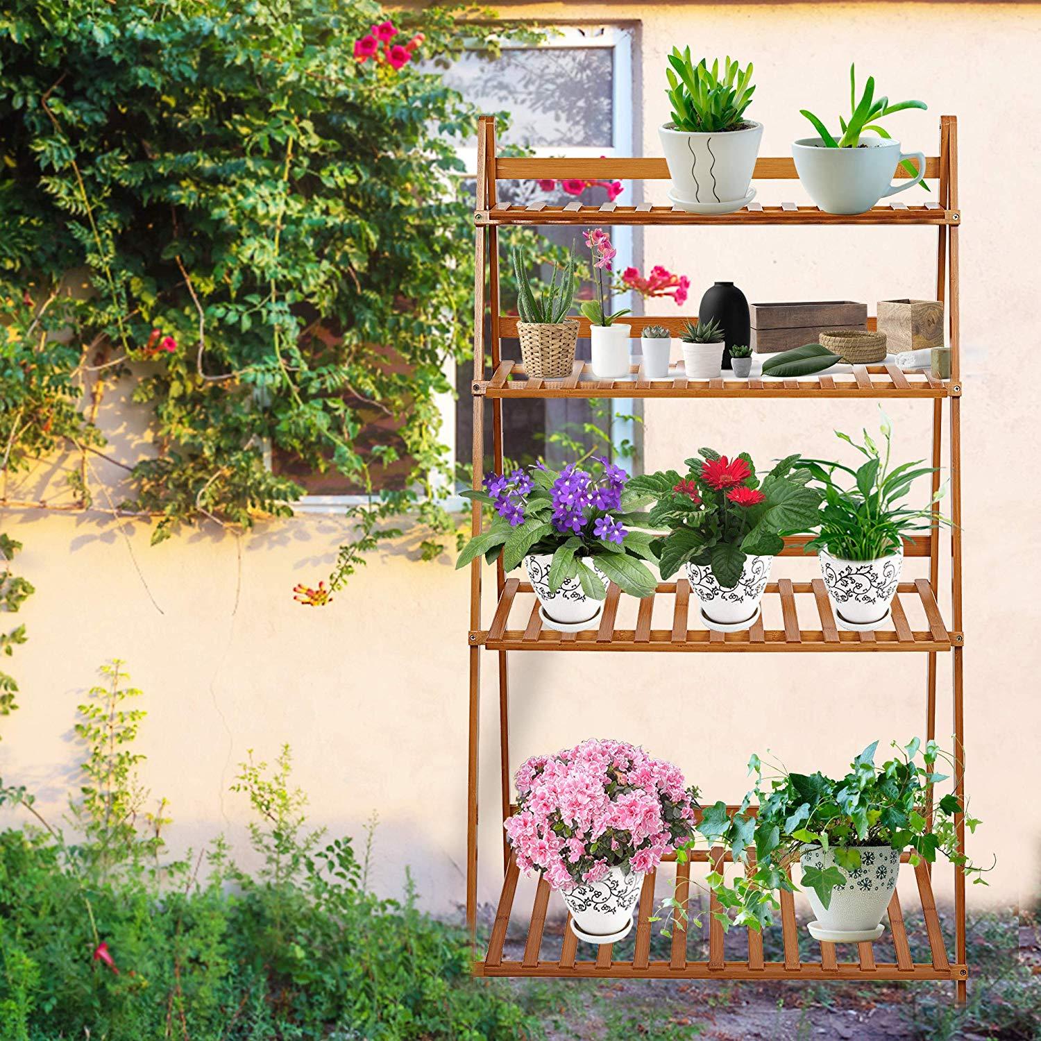 Bosonshop  4-Tier Bamboo Flower Stand Rack Shelf Foldable Pot Planter Display