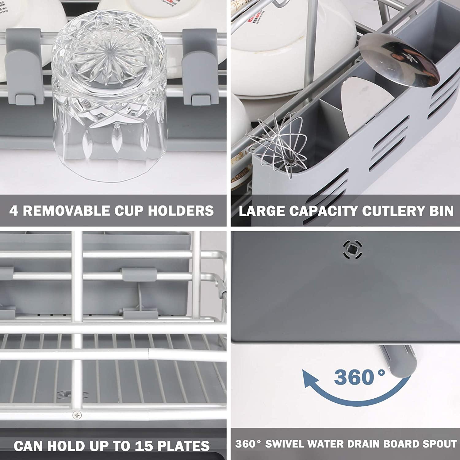 Dish Drying Rack with 360° Swivel Drain Board and Drain Spout, Grey - Bosonshop