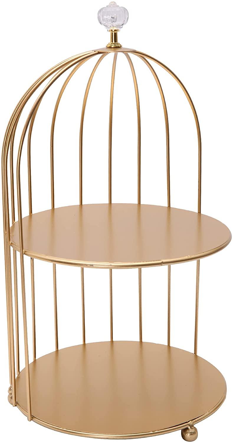 2-Tier Dessert Cupcake Stand Bird Cage Shaped Cake Stands Jewelry Display Holder Dessert Cupcake Stand Desktop Makeup Organizer Rack, Golden - Bosonshop