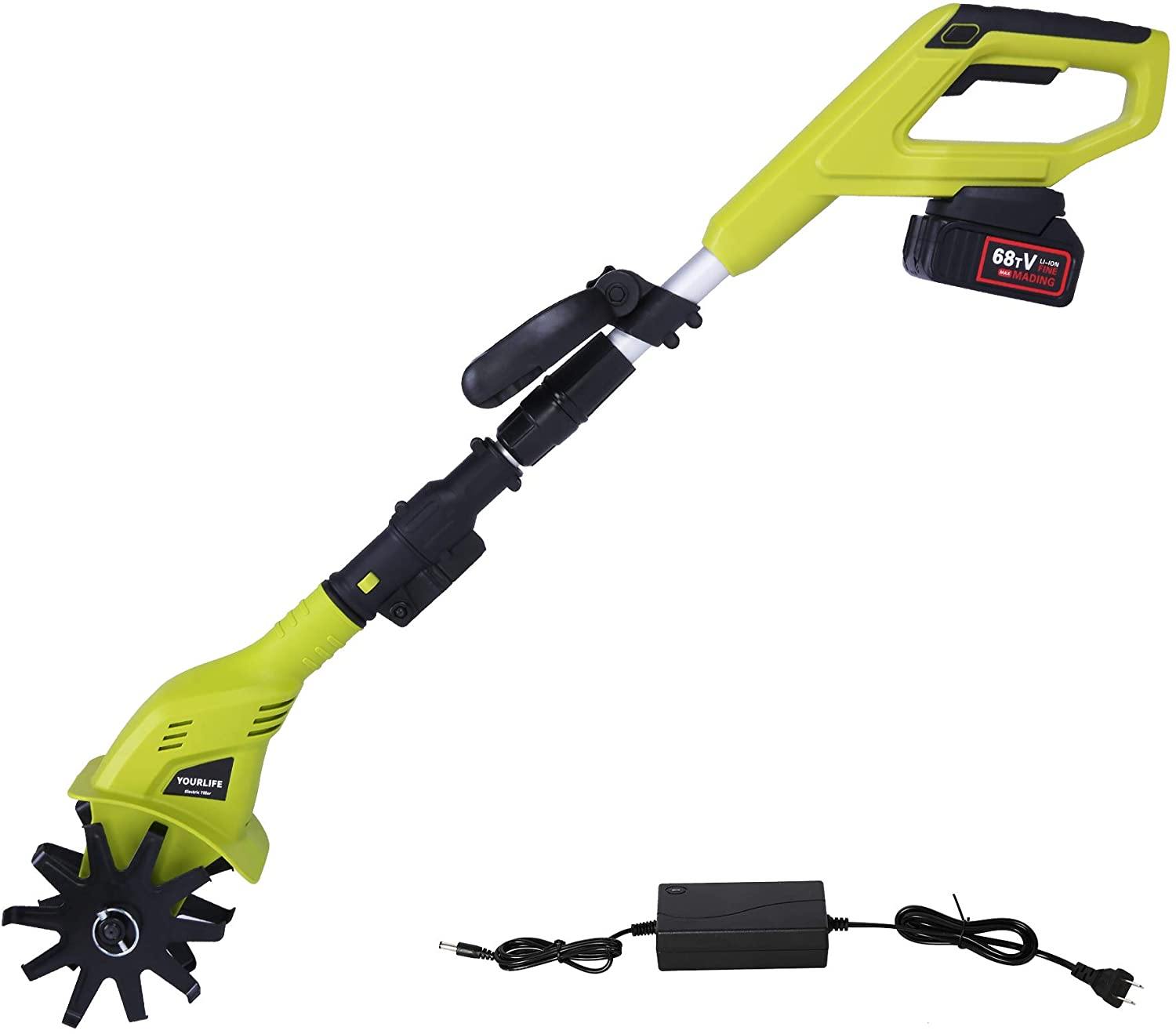 20V Cordless Electric Garden Tiller/Cultivator Height Adjustable with 2.0 Ah Lithium Battery and Charger -Chartreuse - Bosonshop