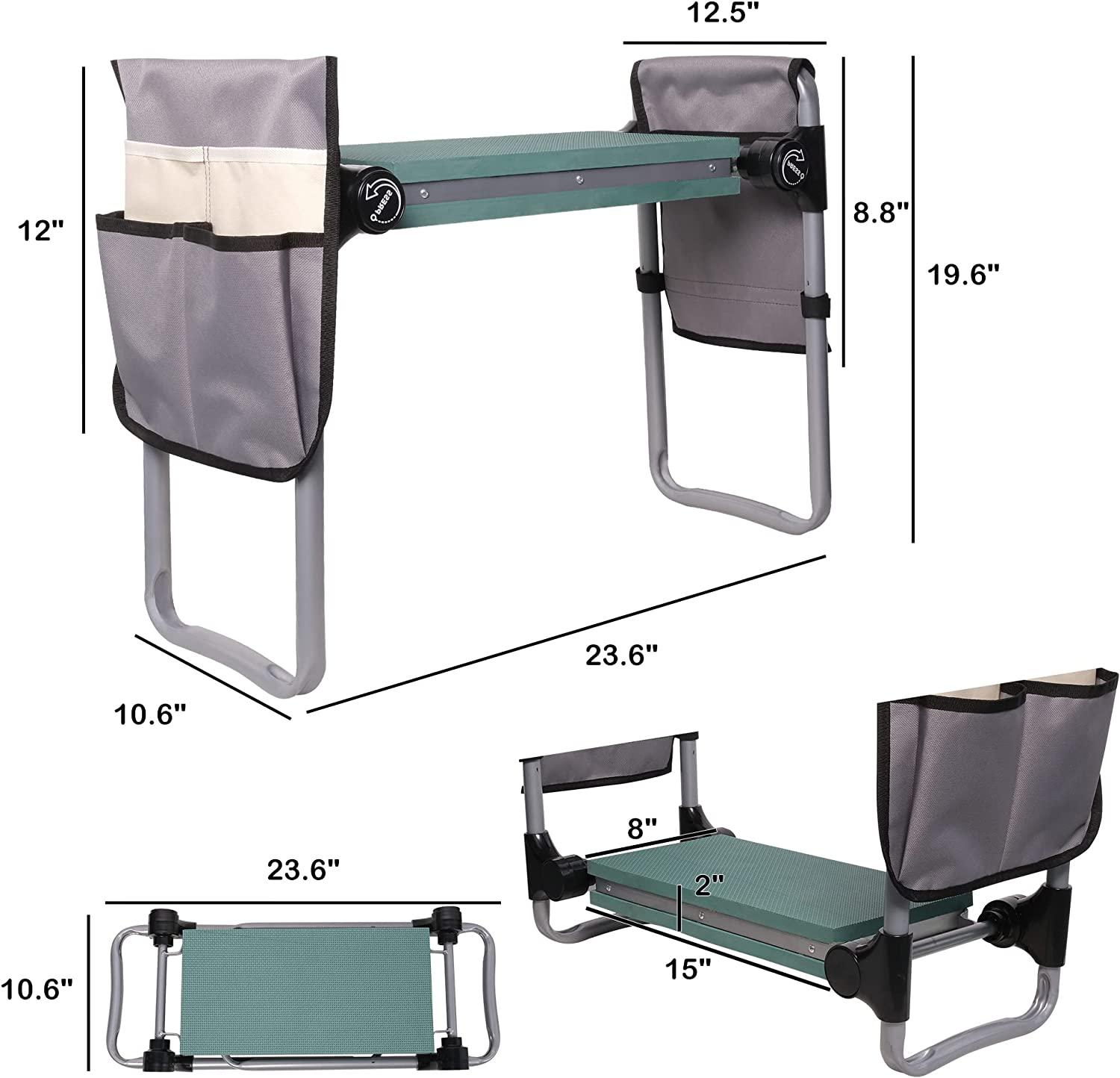 2-in-1 Garden Kneeler Stool Gardening Bench for Kneeling or Sitting with 2 Tool Bag Pouch, Green - Bosonshop