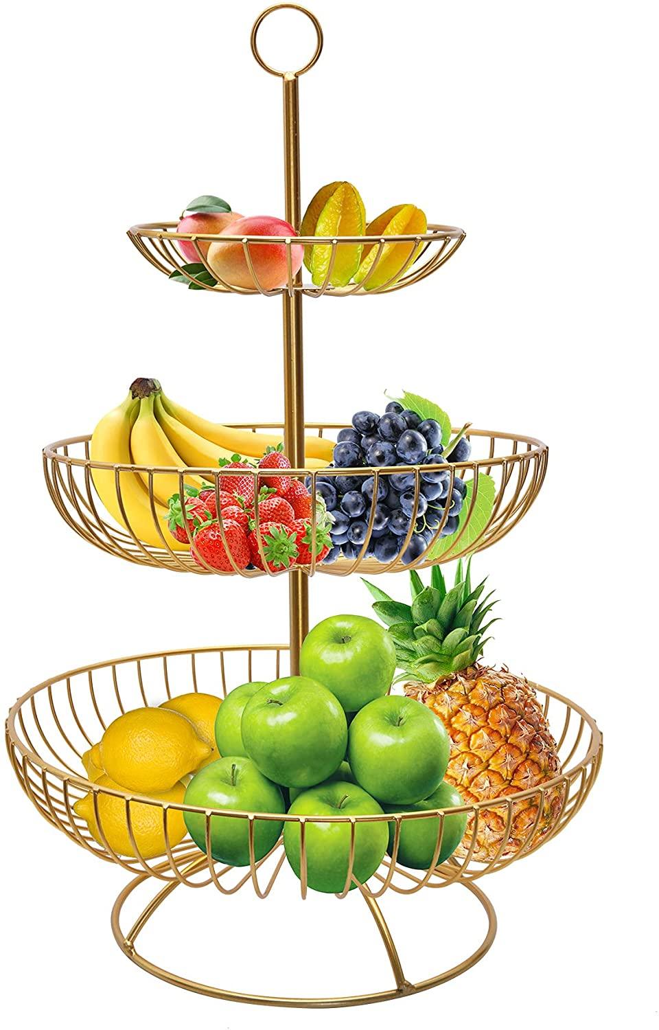 Fruit Basket for Kitchen Counter Fruit Vegetable Stand Stacked 3-Tier Bowls, Dining Table Counter Organizer, Modern Fruit Basket Stand, Golden - Bosonshop