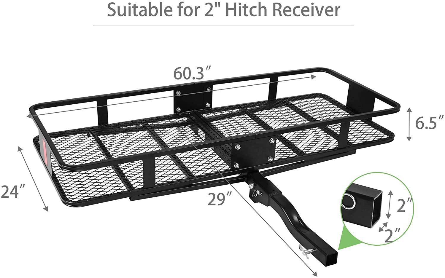 60” x 24” x 6.5” Hitch Mounted Folding Cargo Carrier, 500LBS Capacity Heavy Duty Basket Rack, Fit 2" Receiver Hitch - Bosonshop