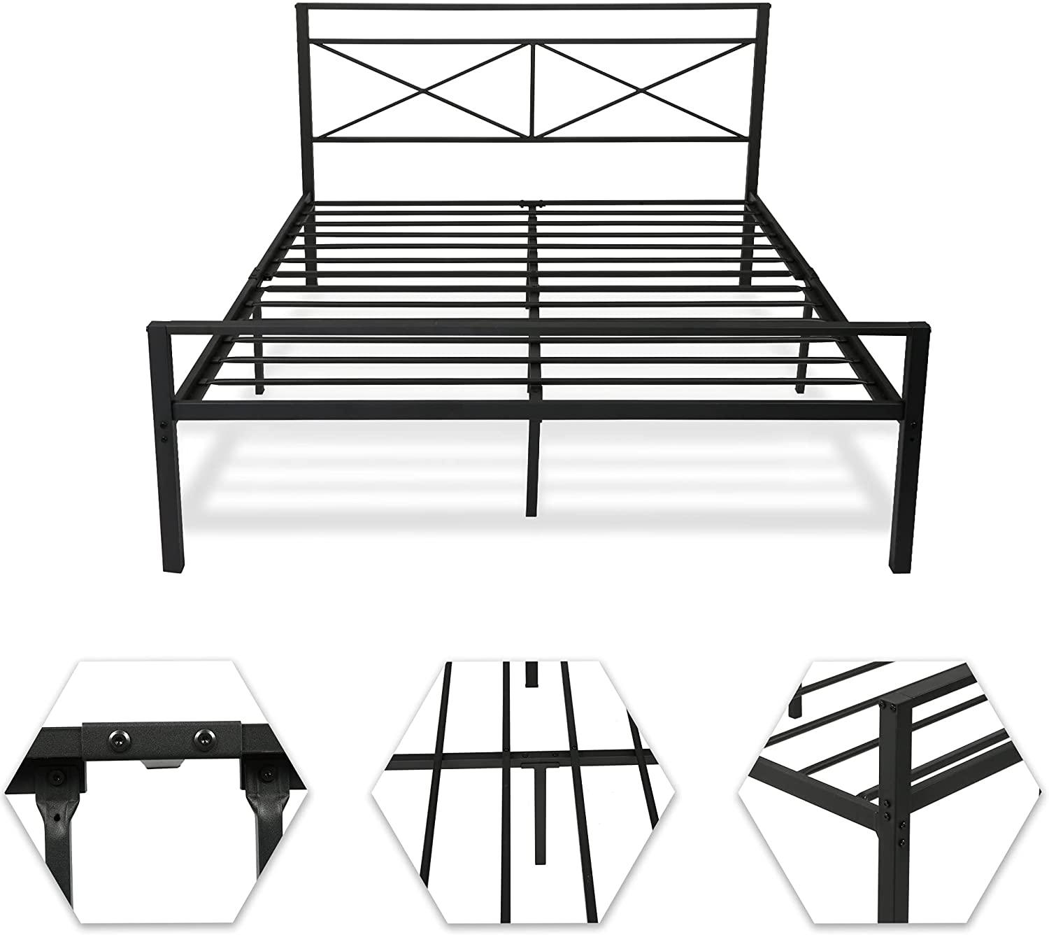 Queen Metal Bed Frame Mattress Foundation Platform Headboard with Anti-Rust Process Mattress Foundation