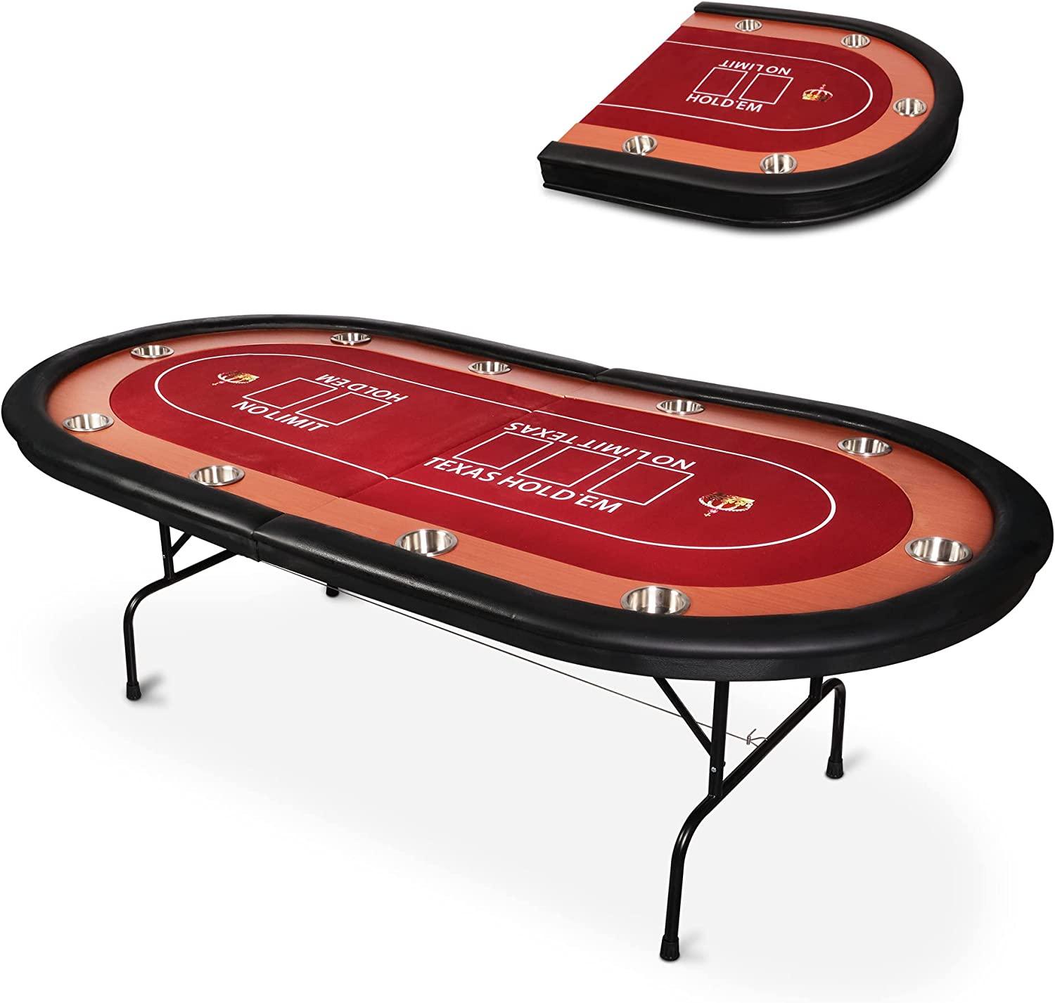 Poker Table Foldable Large 10 Players Casino Table Texas Holdem  Red Felt Surface With 10 Stainless Steel Cup Holders & Padded Poker Table