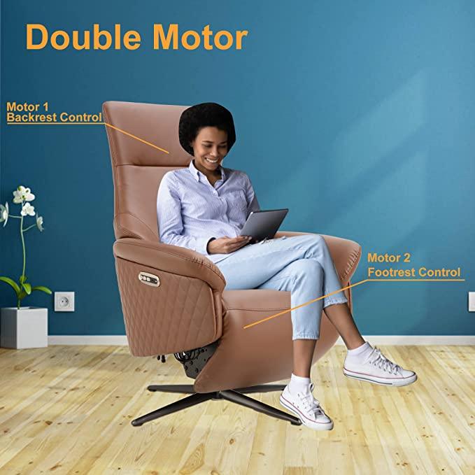 Power Recliner Lounge Chair Single - Swivel Leather Electric Recliner Adjustable Headrest Footrest Lumbar Support Zero Gravity, Brown - Bosonshop