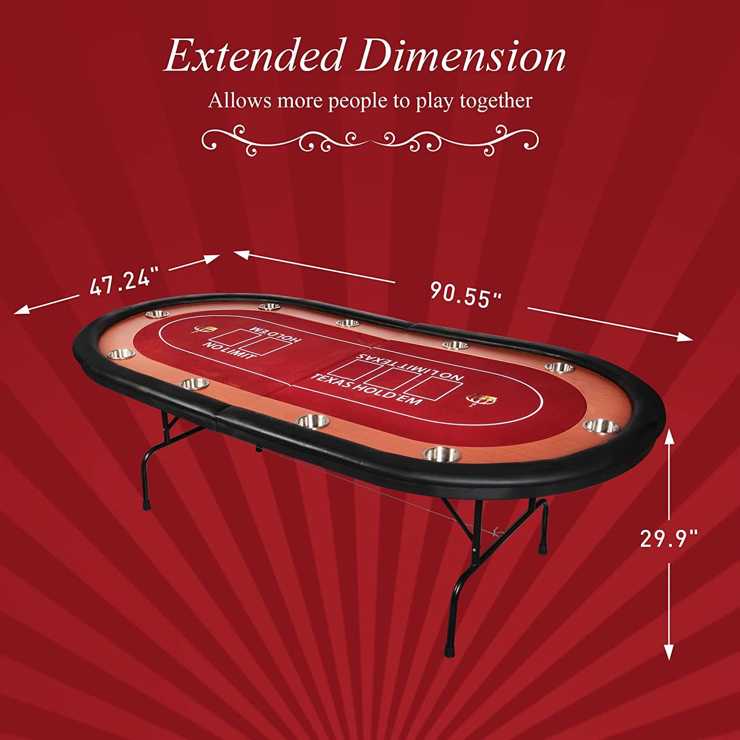 Poker Table Foldable Large 10 Players Casino Table Texas Holdem Red Felt Surface With 10 Stainless Steel Cup Holders & Padded Poker Table - Bosonshop