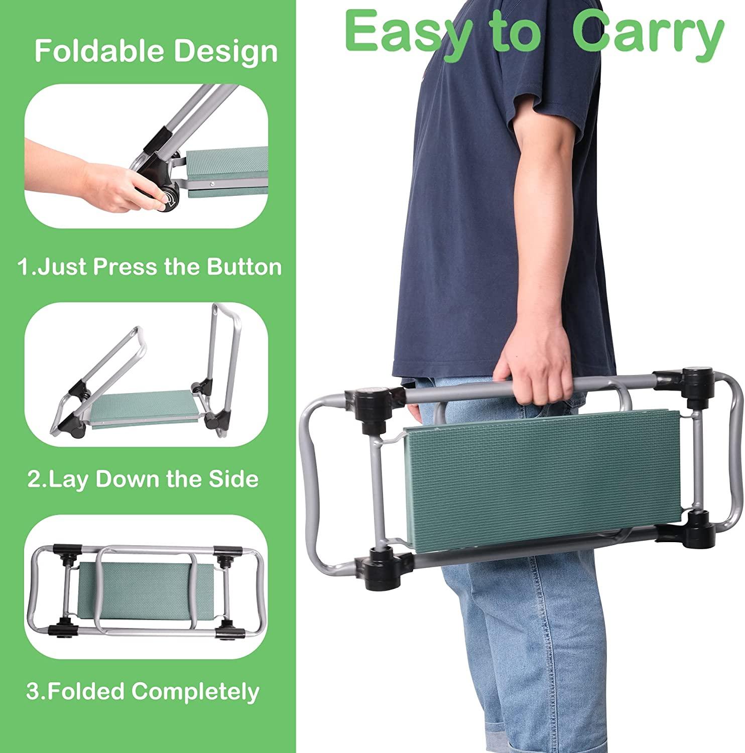 2-in-1 Garden Kneeler Stool Gardening Bench for Kneeling or Sitting with 2 Tool Bag Pouch, Green - Bosonshop