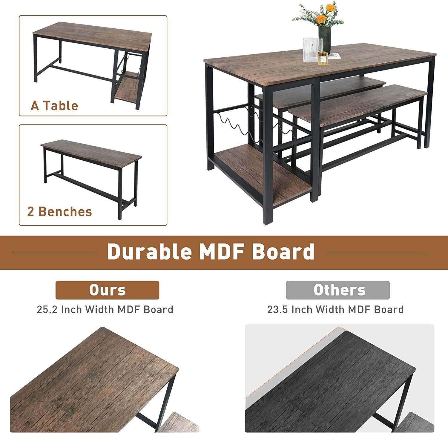3 Piece Kitchen Table Set with Bench Dining Table Set for 4 Kitchen Dining Room Small Spaces Compact w/Storage Shelf Rack, Wine Rack - Bosonshop
