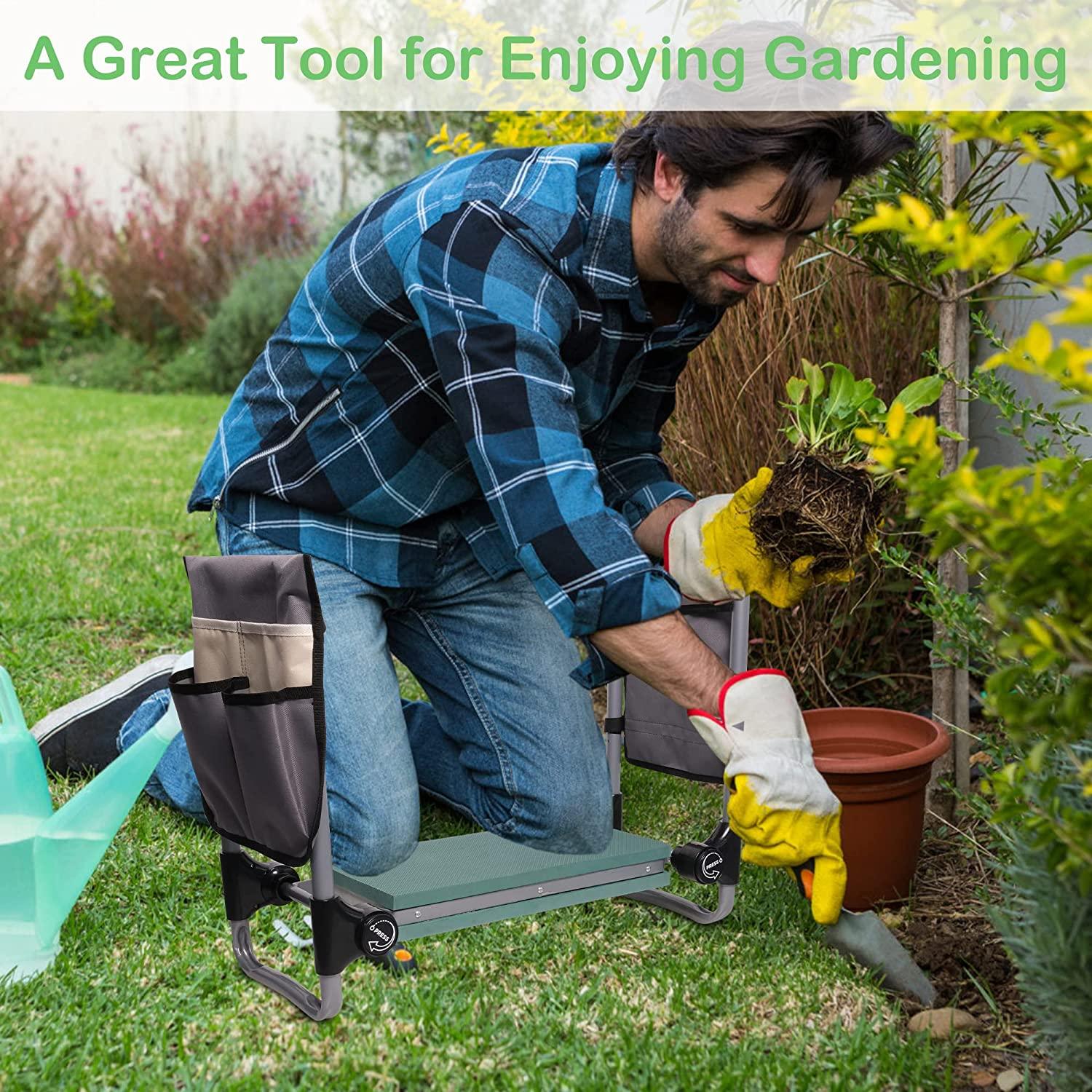 2-in-1 Garden Kneeler Stool Gardening Bench for Kneeling or Sitting with 2 Tool Bag Pouch, Green - Bosonshop
