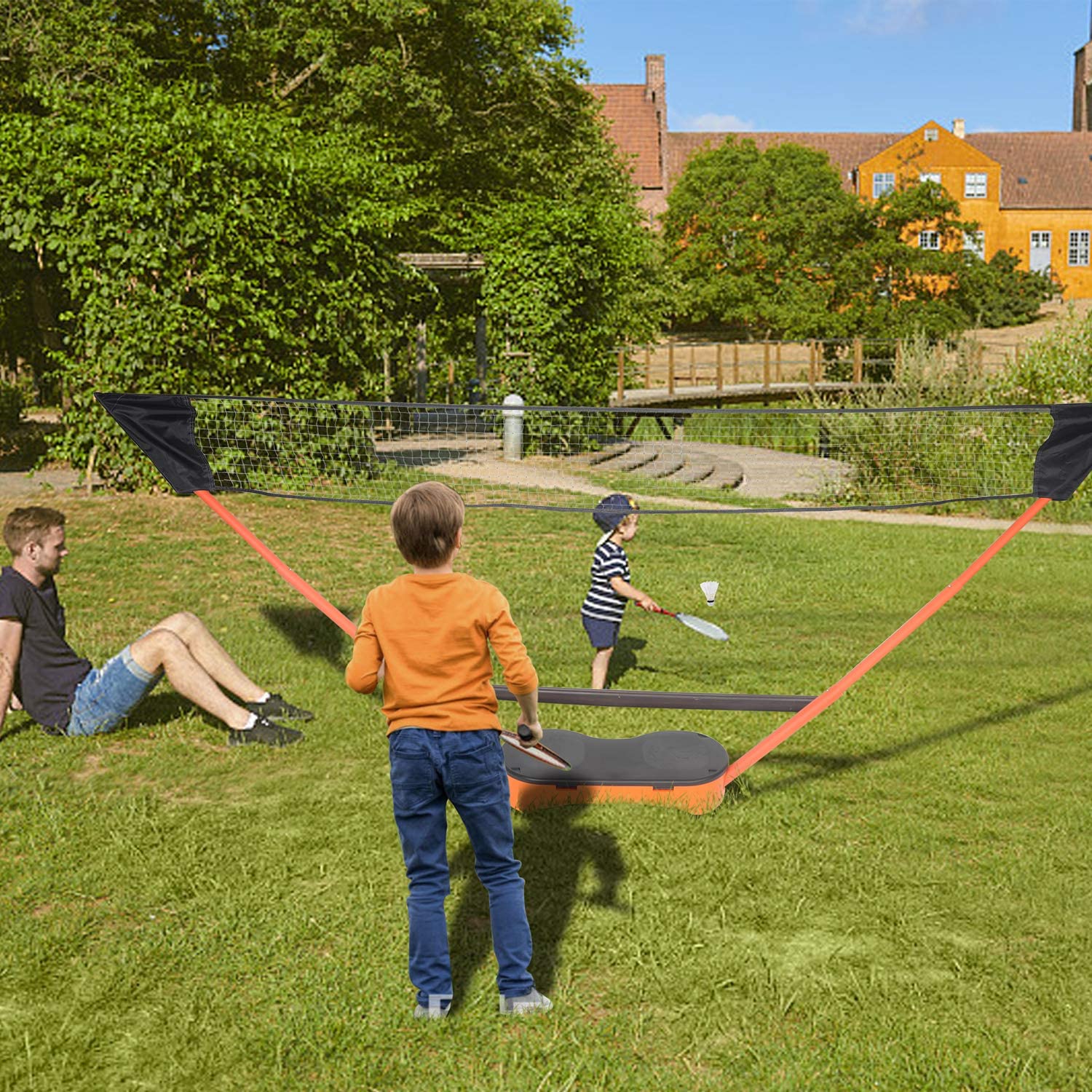 Portable Badminton Net Set Storage Box Base with 2 Battledores 2 Shuttlecocks Large, Orange - Bosonshop