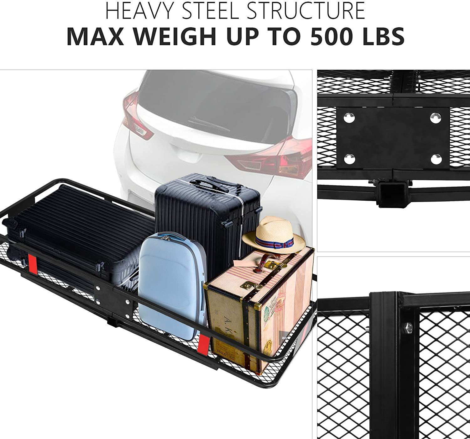 60” x 24” x 6.5” Hitch Mounted Folding Cargo Carrier, 500LBS Capacity Heavy Duty Basket Rack, Fit 2" Receiver Hitch - Bosonshop
