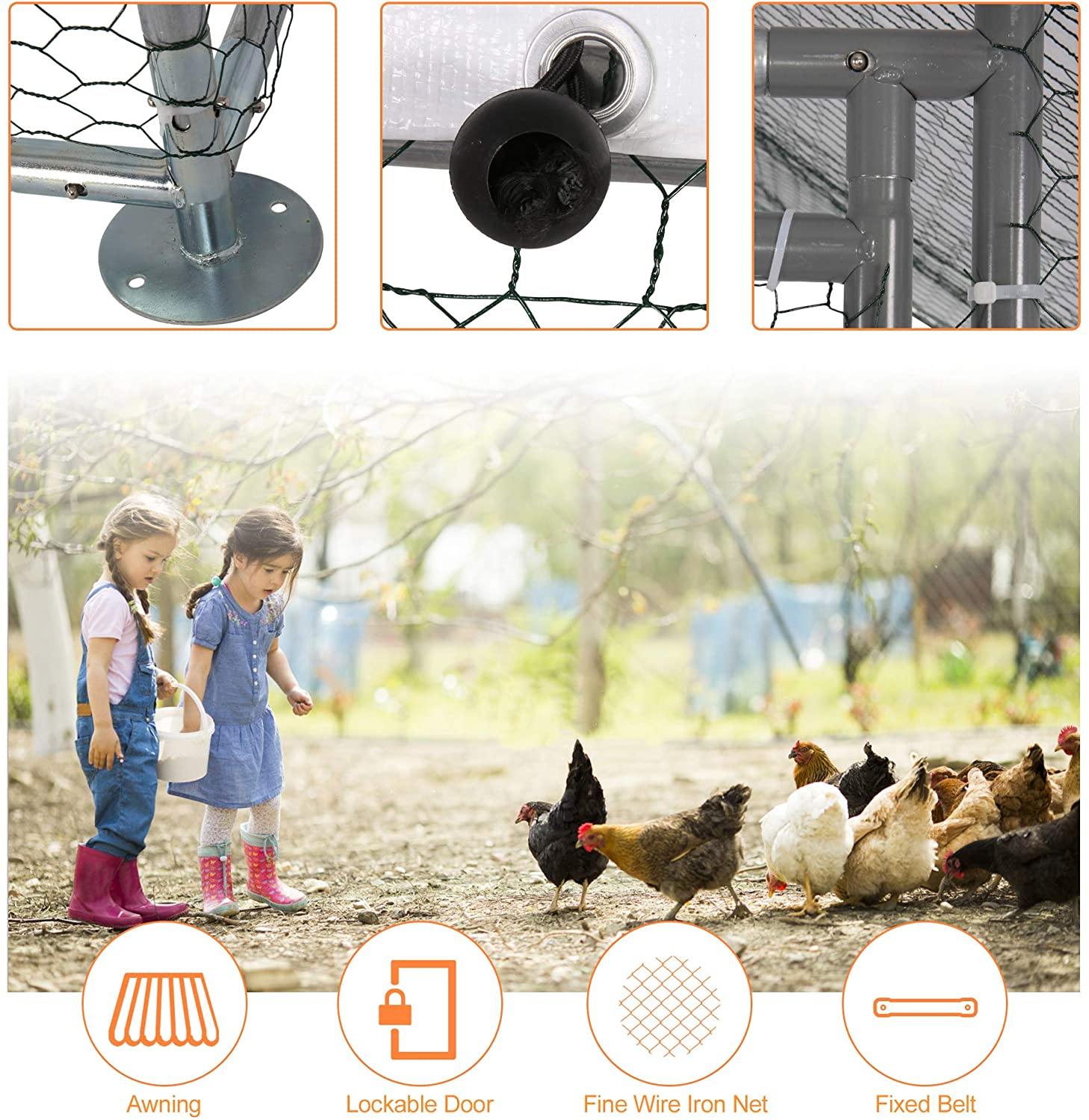 Outdoor Metal Chicken Coop Large Walk-in Poultry Cage Backyard Hen House with Chicken Run Cover for Farm Home Use 10x6.5x6.5ft - Bosonshop