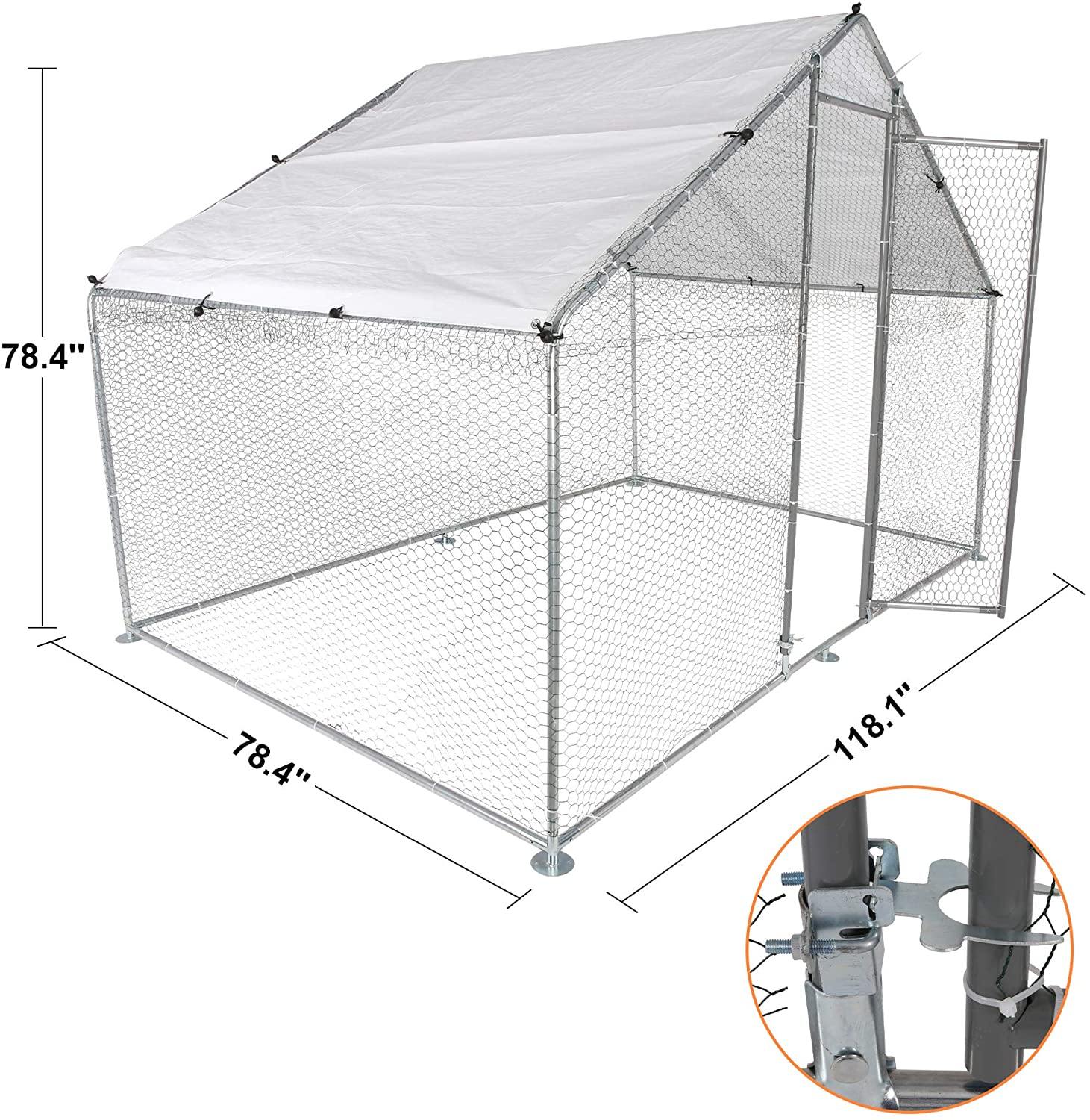 Outdoor Metal Chicken Coop Large Walk-in Poultry Cage Backyard Hen House with Chicken Run Cover for Farm Home Use 10x6.5x6.5ft - Bosonshop