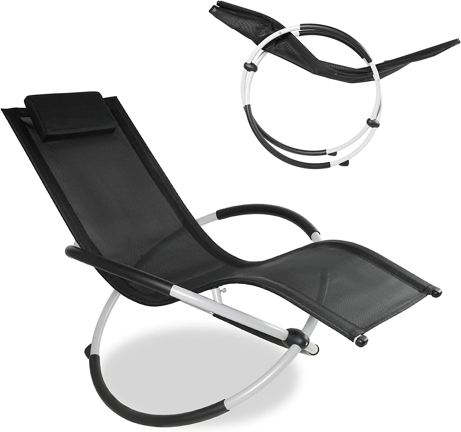 Patio Rocking Lounge Chair, Foldable Rocking Chair Sun Lounger with Headrest Pillow