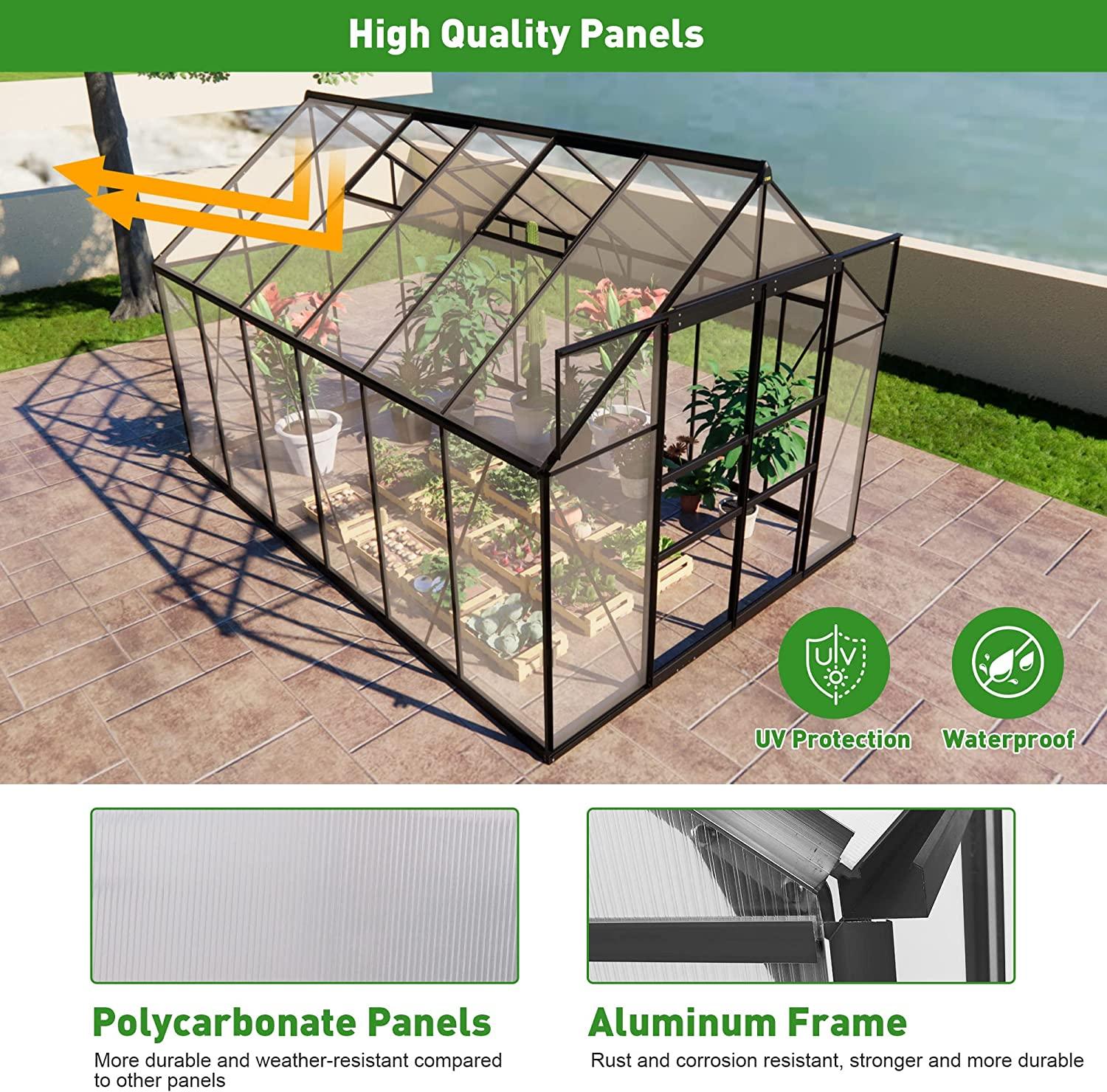 8'x12' Polycarbonate Greenhouse 2 Sliding Doors 2 Vents Window Walk-in Greenhouse for Outdoor