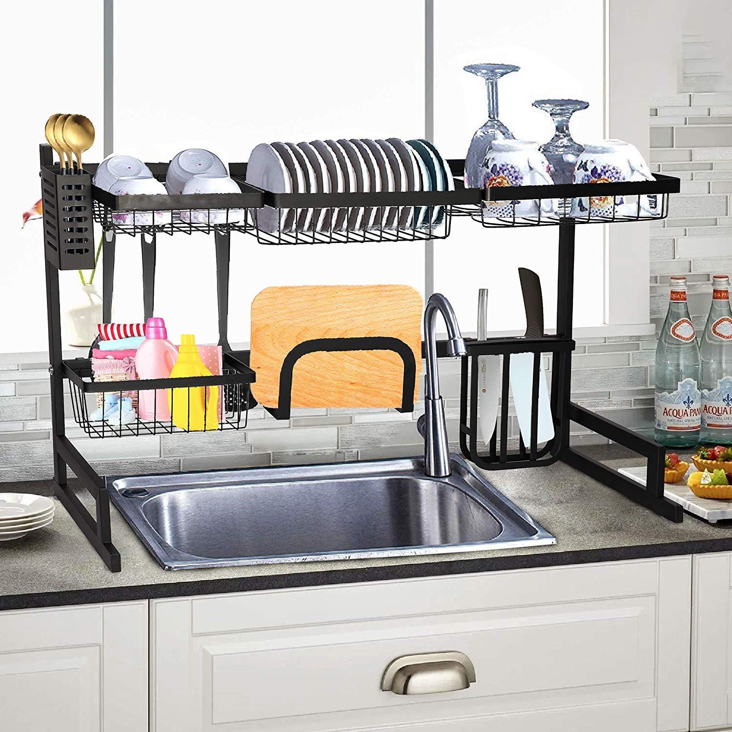 Over The Sink Dish Drying Rack Stainless Steel Kitchen Supplies Storage Shelf Drainer Organizer, 35" x 12.2" x 20.4" - Bosonshop