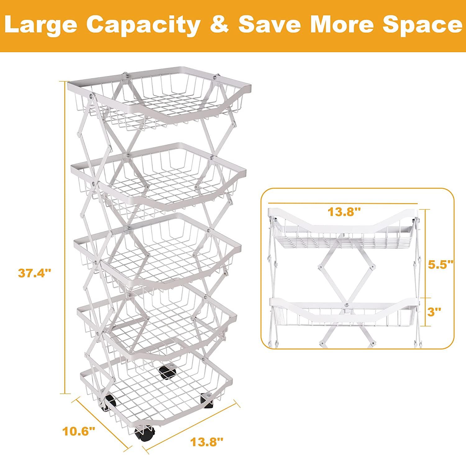 5 Tier Foldable Fruit Basket Kitchen Storage Rolling Cart, Living Room Baskets - Bosonshop