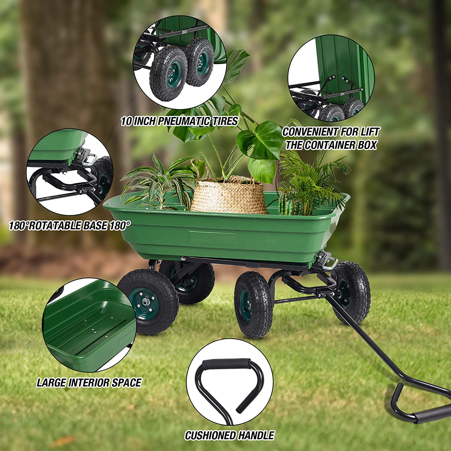 (Out of Stock) Folding Utility Wagon Poly Garden Dump Cart with Steel Frame and 10-Inch Pneumatic Tires, 550lbs Capacity, Green