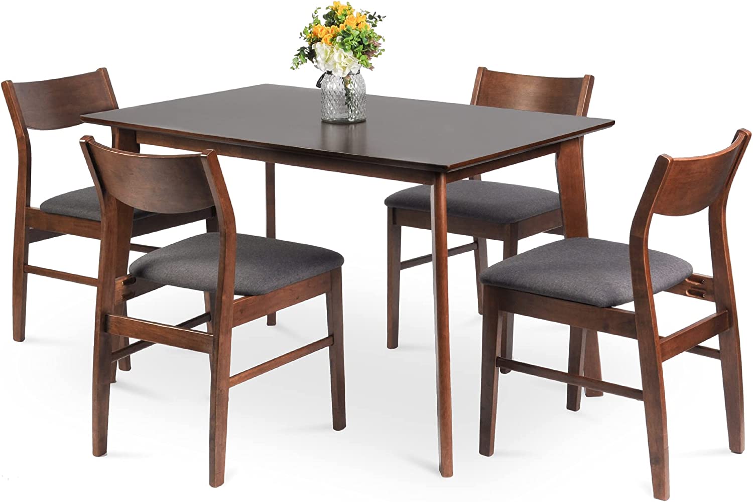 5 Piece Wooden Dining Room Table Set Mid Century Modern Wood Dinette Set Kitchen Table and 4 Chairs with Cushion, Walnut