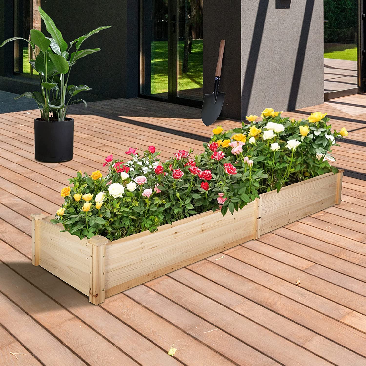Raised Garden Bed 8 x 2 Ft Outdoor Natural Fir Wood Elevated Planter Garden Box for Vegetable Flower Herb - Bosonshop