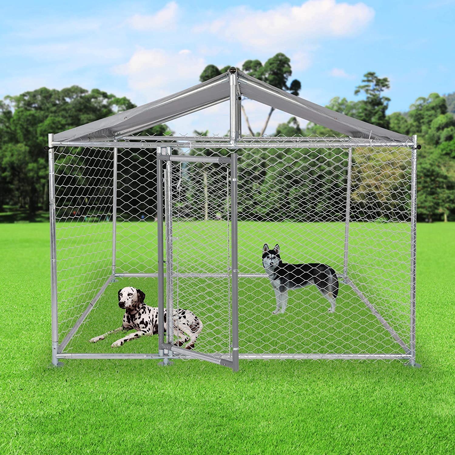 Outdoor Dog Kennel Galvanized Mesh Steel Dog Chain Link Fence Playpen with Cover 6.5x6.5x5ft