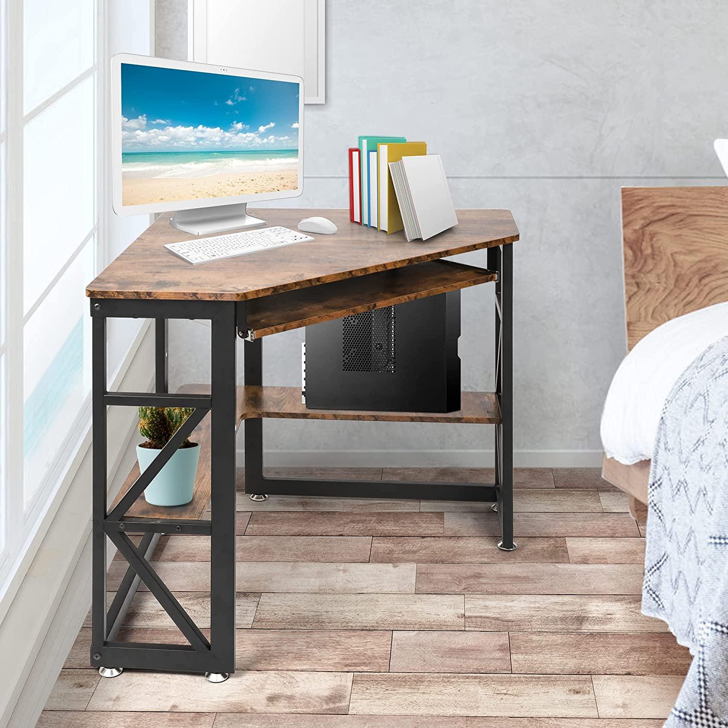 (Out of Stock) Triangle Computer Desk, Corner Desk w/ Keyboard Tray & Storage Shelves, Small Desk Steel Frame, Rustic Brown - Bosonshop