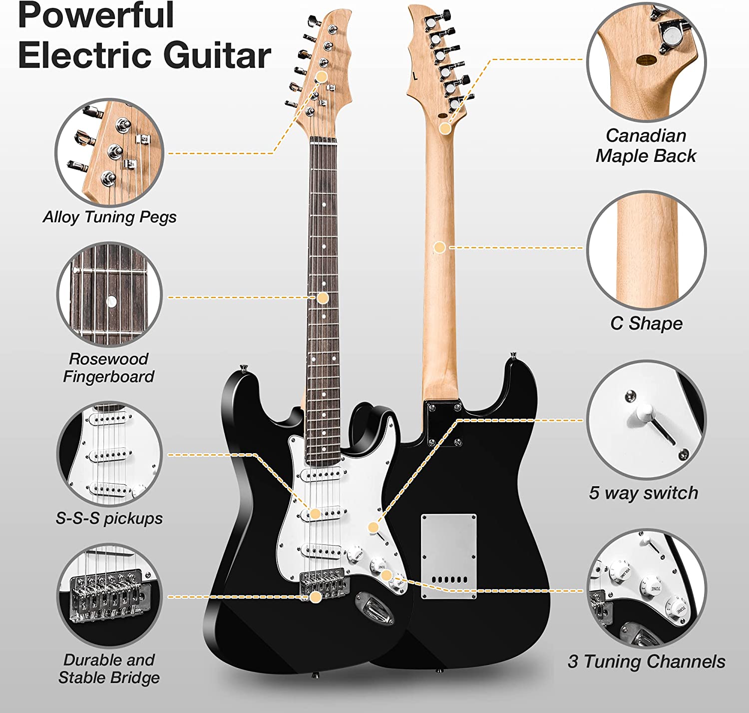 39" Full Size Electric Guitar Beginner Starter kit with 10w Amplifier, Black