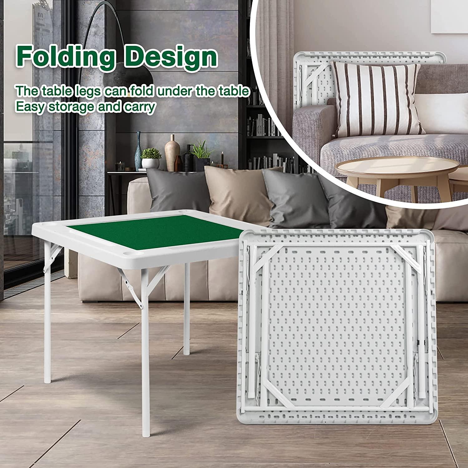 Folding Mahjong Table 35.4" Foldable Square 4 Player Card Poker Table with Cup Holders & Chip Trays for Playing Mahjong